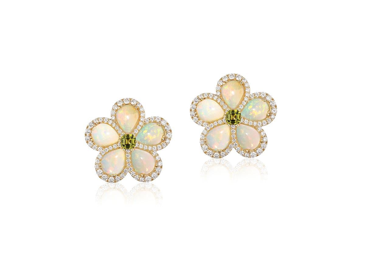 Pear Shape Opal Cabochon And Peridot Flower Stud Earrings in 18K Yellow Gold, from 'G-One' Collection

Approx. gemstone Weight: 10.46 Carats (Opal), 1.15 Carats (Peridot)

Diamonds: G-H / PS, Approx. Wt: 1.43 Carats 