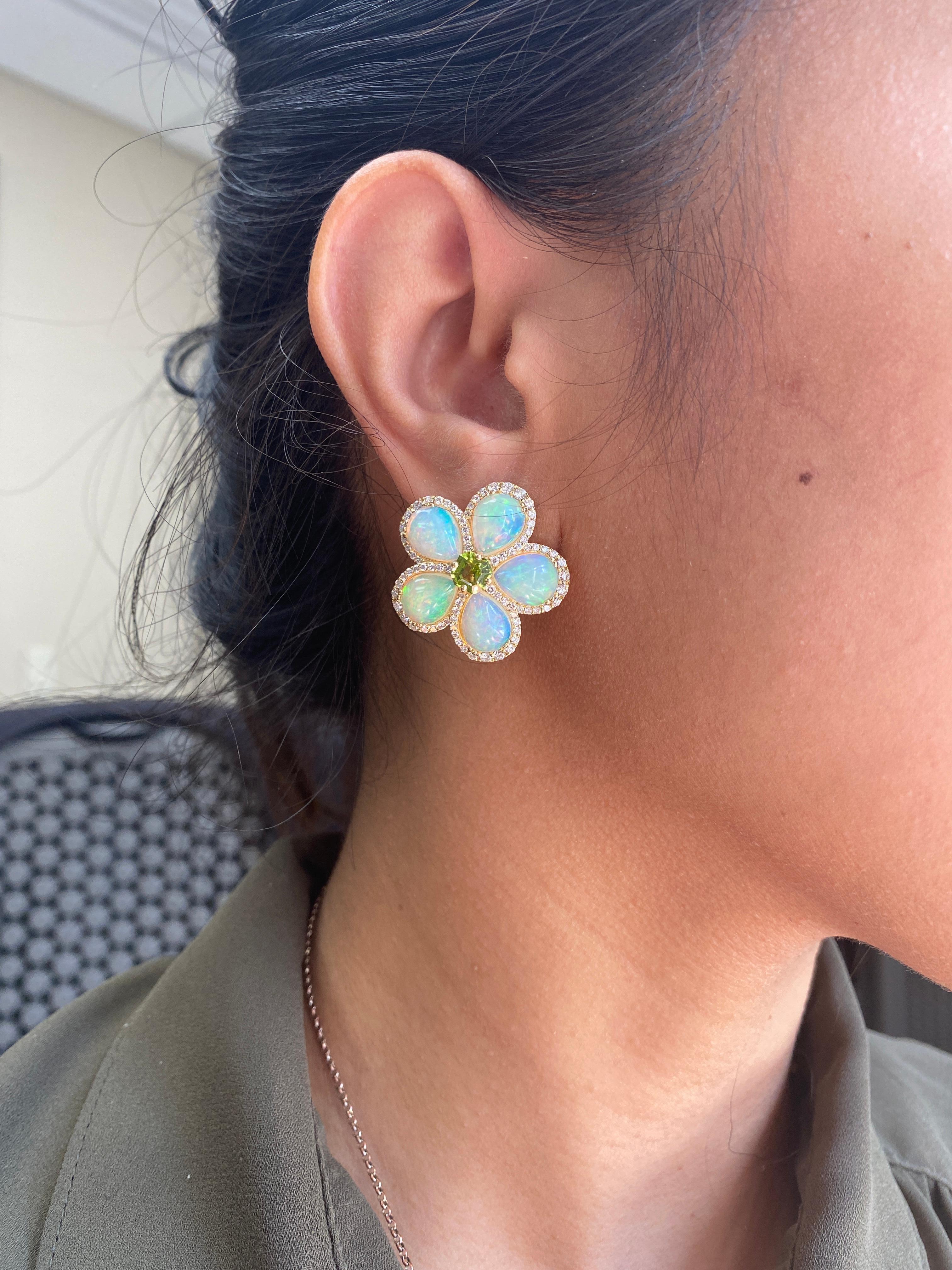 Pear Cut Goshwara Pear Shape Opal Cabochon and Peridot Flower Stud Earrings For Sale