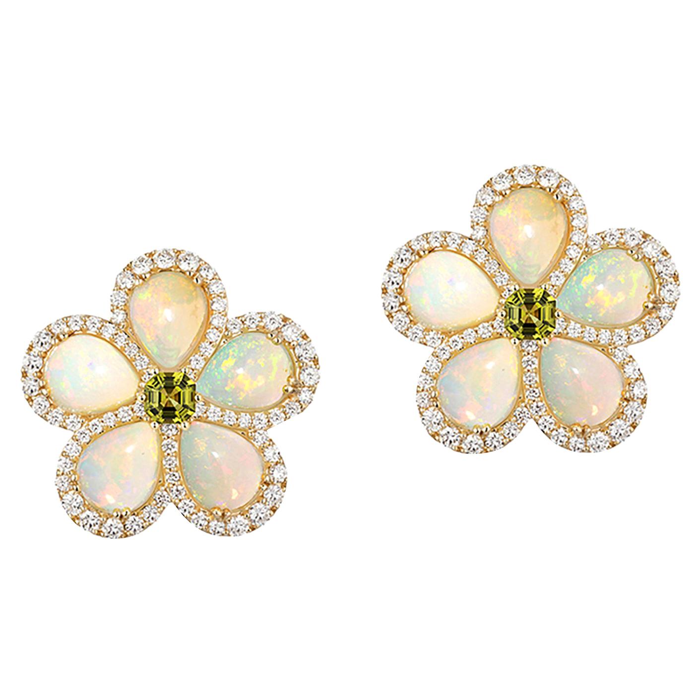 Goshwara Pear Shape Opal Cabochon and Peridot Flower Stud Earrings