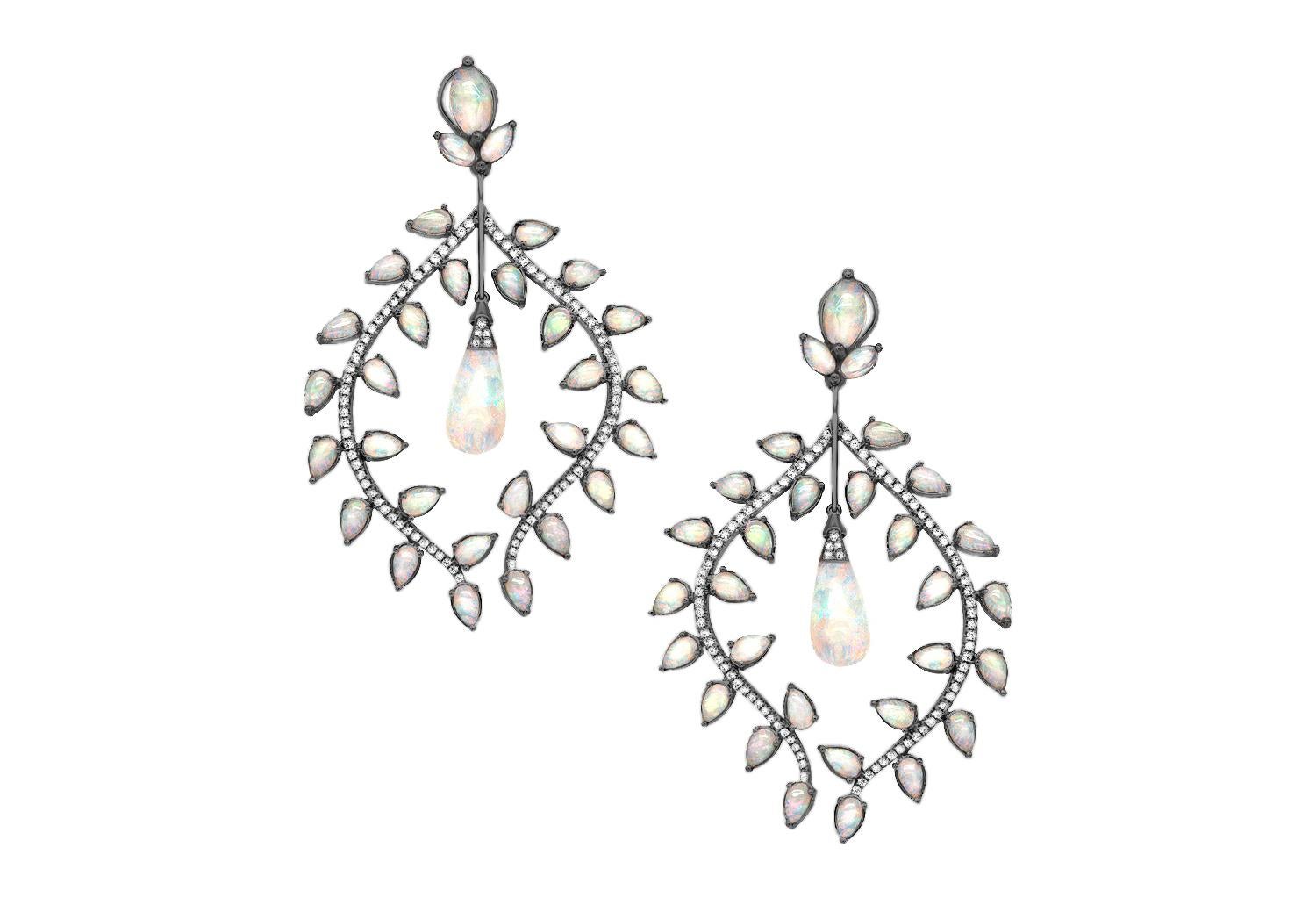 Vintage Leaf Opal Pear Shape Earring with Diamonds in 18k White Gold With Black Rhodium, from 'G-One' Collection

Gemstone Weight: Opal- 17.84 Carats

Diamond: G-H / VS, Approx Wt: 1.24 Carats