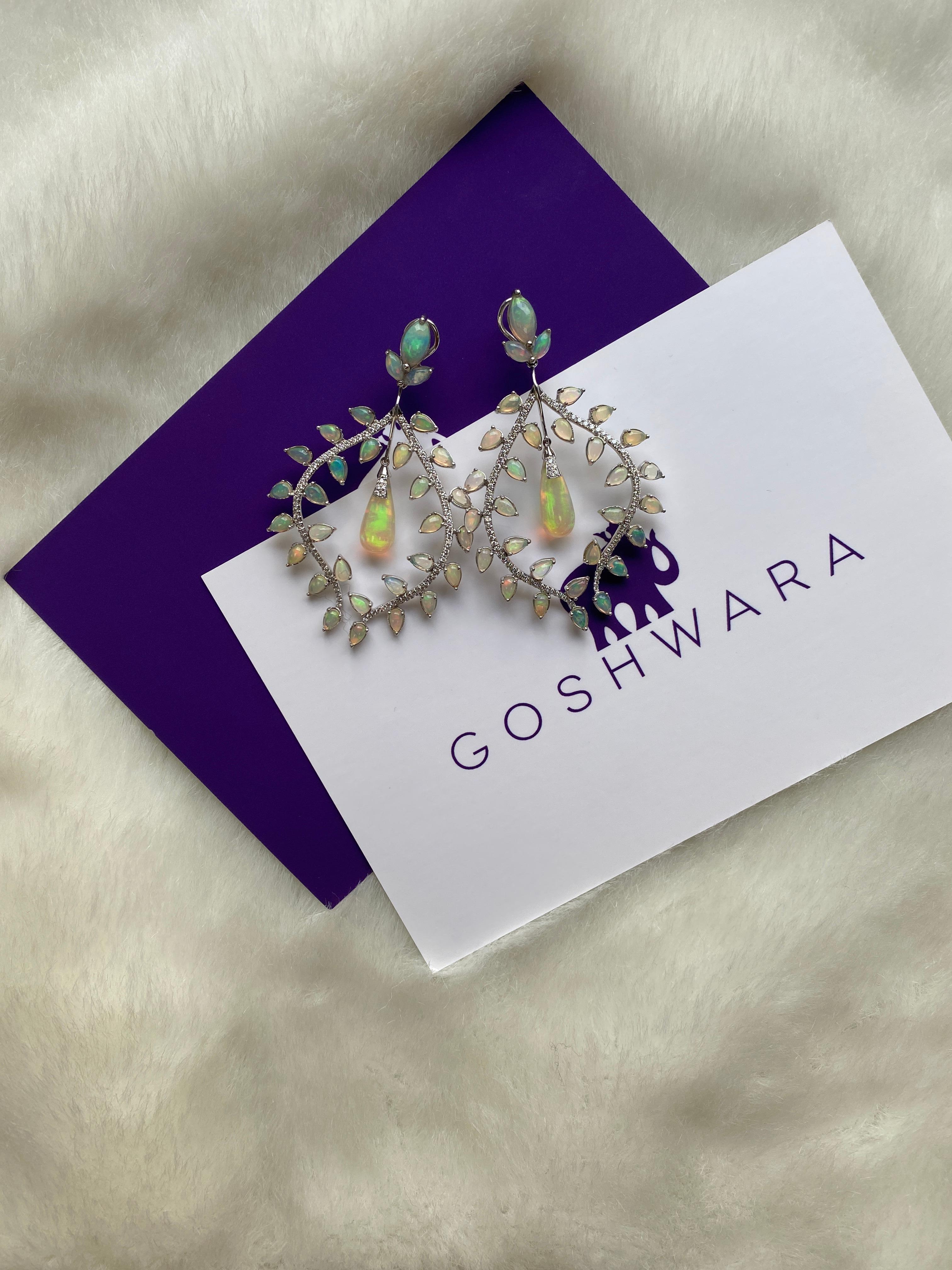 Pear Cut Goshwara Pear Shape Opal with Diamond Long Earrings For Sale