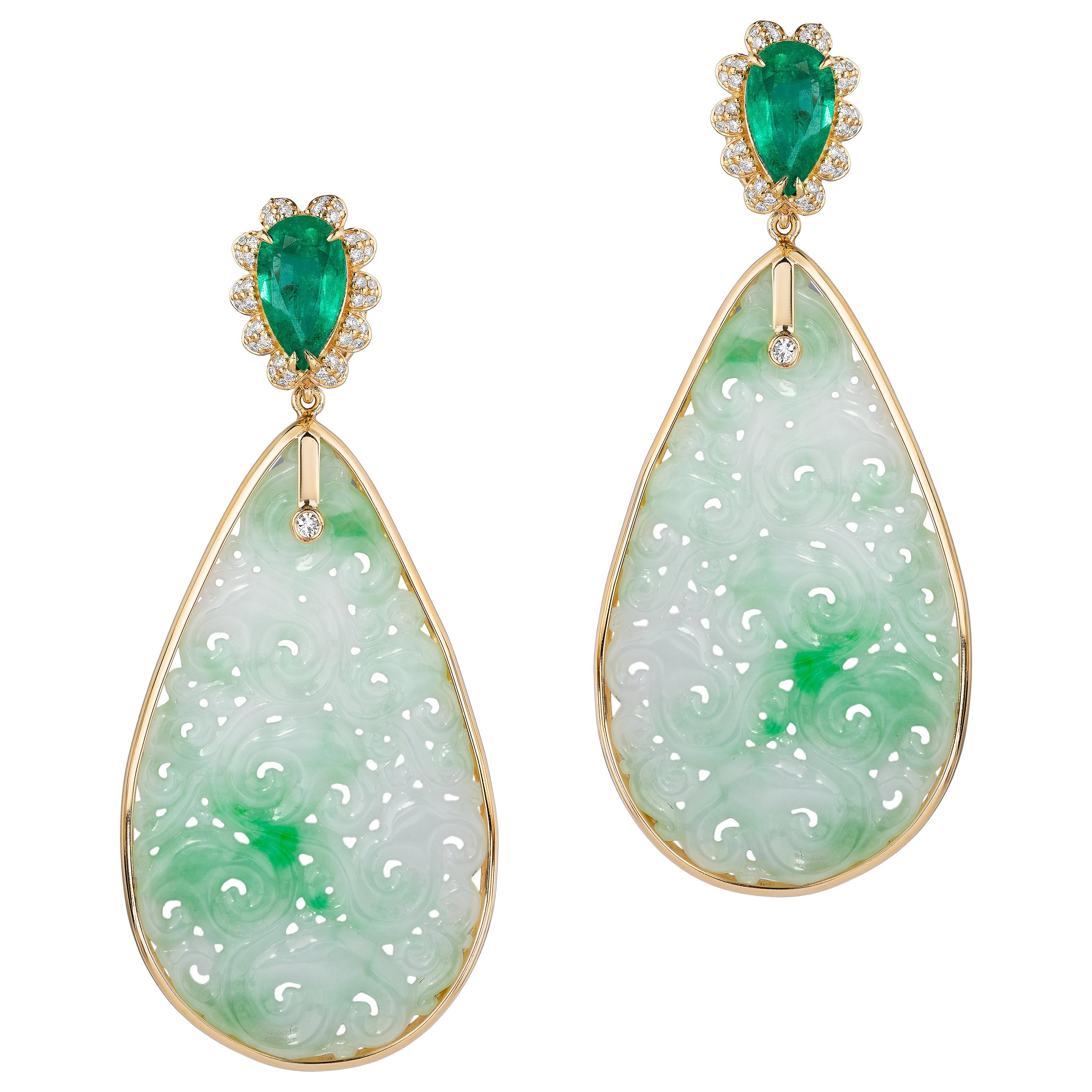 Goshwara Pears Shape Emerald, Carved Jade with Diamond Earrings For Sale