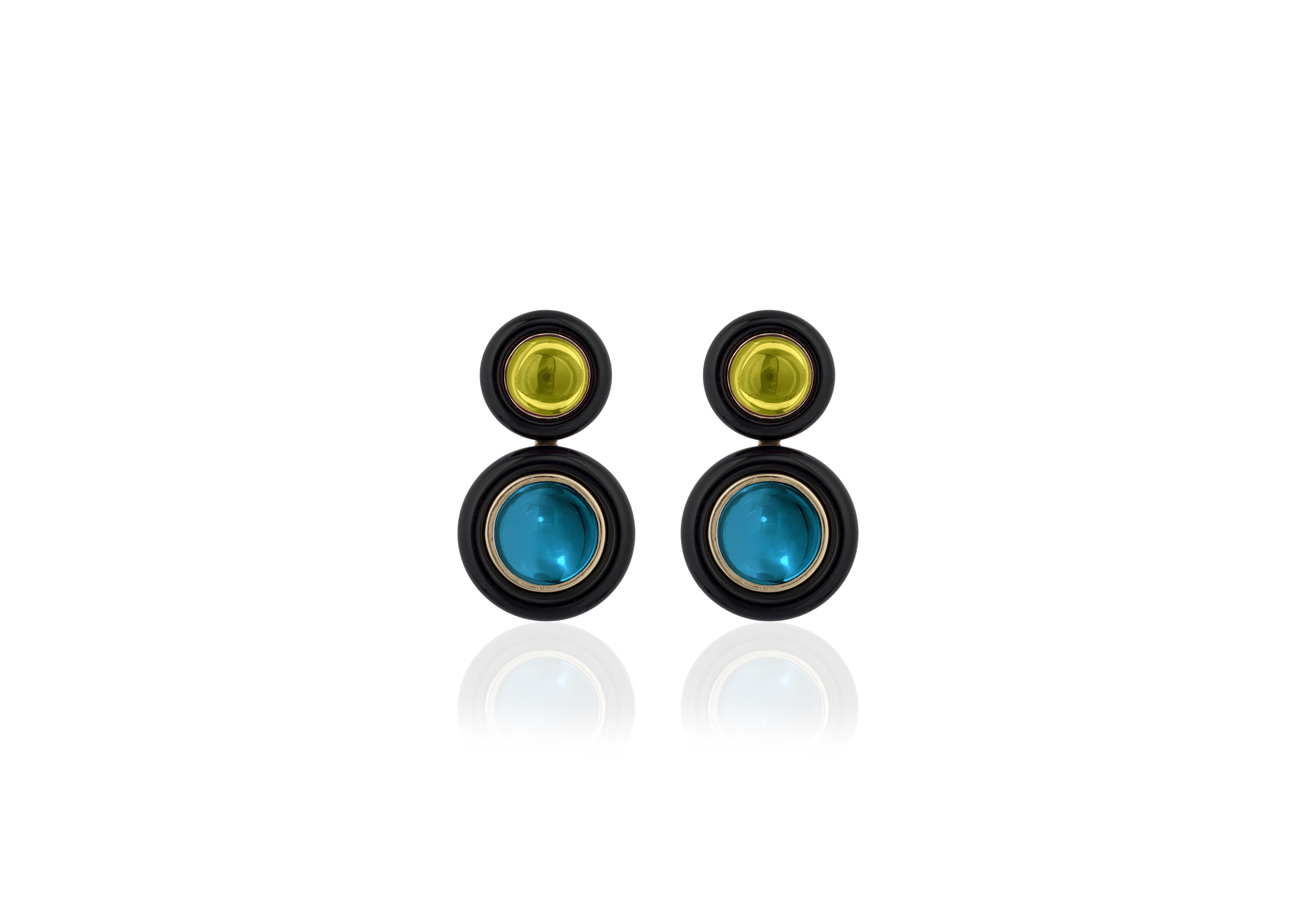 Peridot and London Blue Topaz Earrings with Onyx Ring Surround in 18K Yellow Gold, from 'Limited Edition’.
These limited edition items are just that! Limited! 
Feel the exclusiveness in every piece from this collection and Feel the love in these