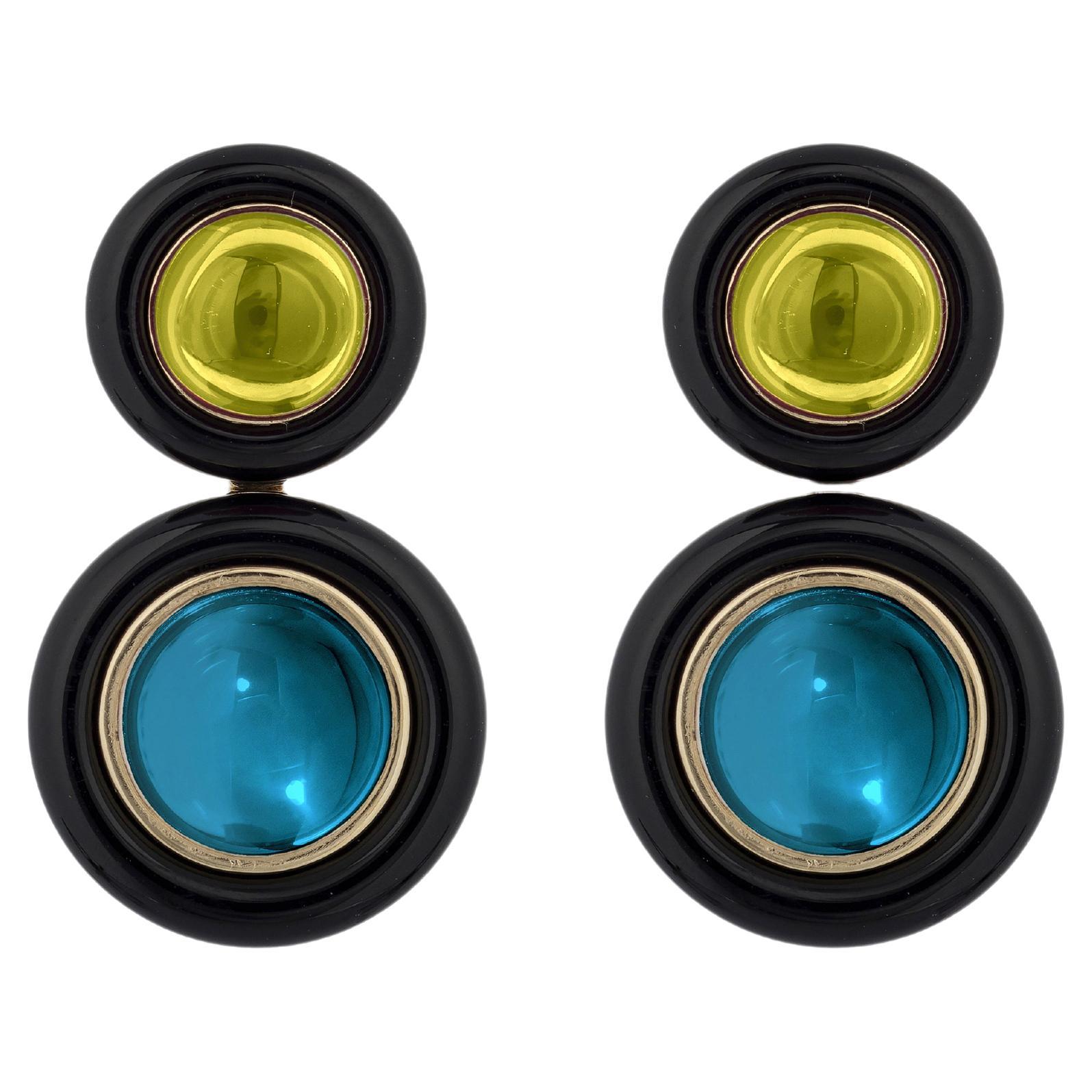 Goshwara Peridot and London Blue Topaz with Onyx Ring Surround Earrings For Sale