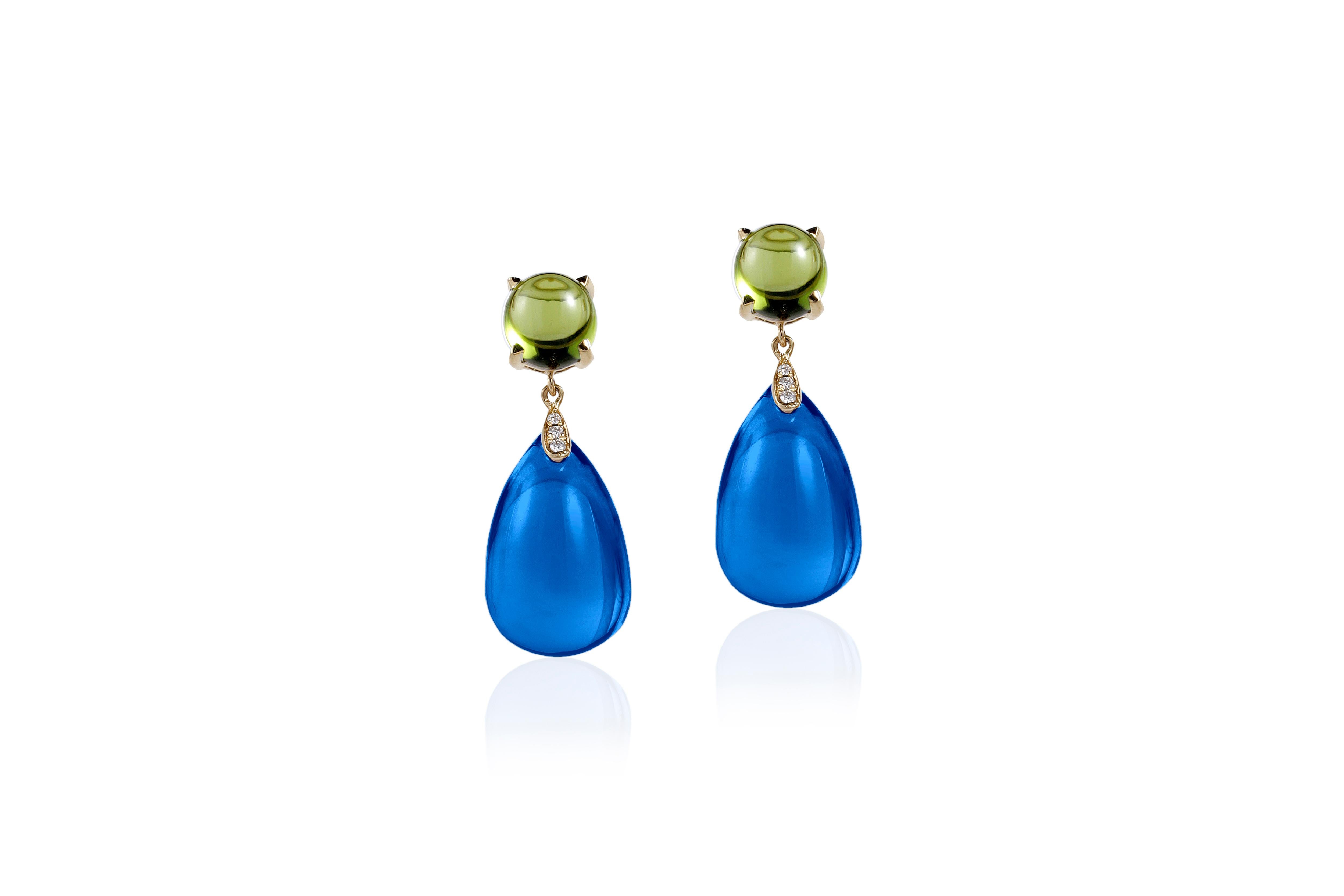 Peridot Cabochon & London Blue Topaz Drop Earrings with Diamonds in 18K Yellow Gold, from 'Naughty' Collection. This collection has dangerous curves tied with exotic colors. When unveiled, these pieces will bring a smile to the conservative