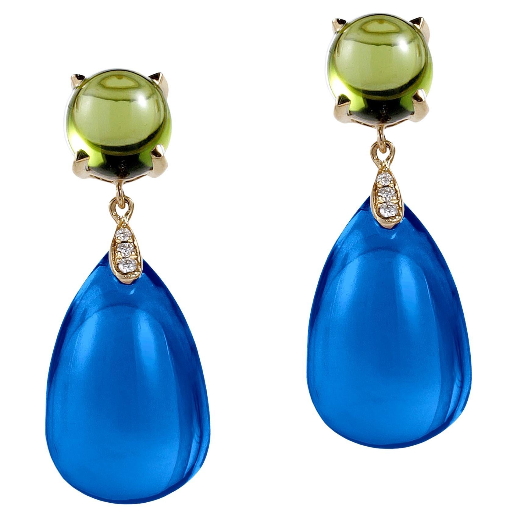 Goshwara Peridot Cabochon & London Blue Topaz Drop Earrings For Sale