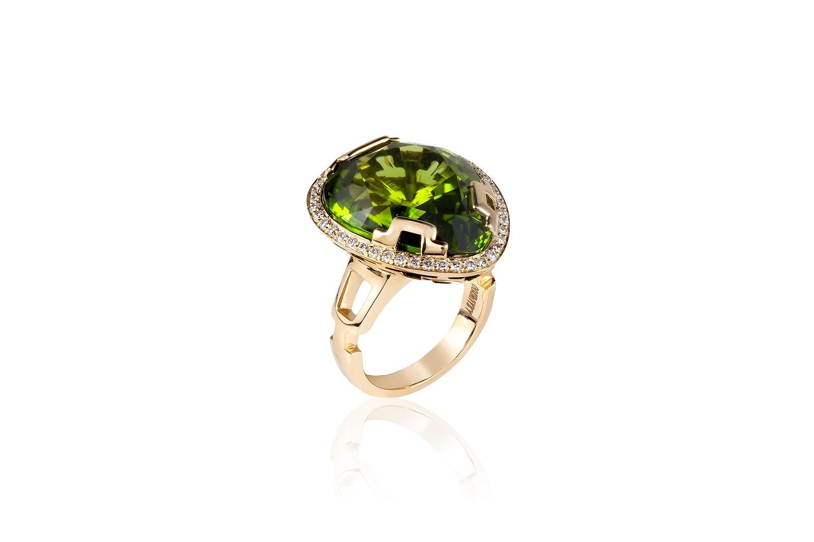 This is a unique Peridot Pear Shape Ring with Diamond in 18k Yellow Gold, from 'G-One' Collection

* Gemstone size: 20.60 x 17.90 mm 
* Gemstone: 100% Earth Mined 
* Approx. gemstone Weight: 22.53 Carats (Peridot)

* 100% Natural Earth-Mined