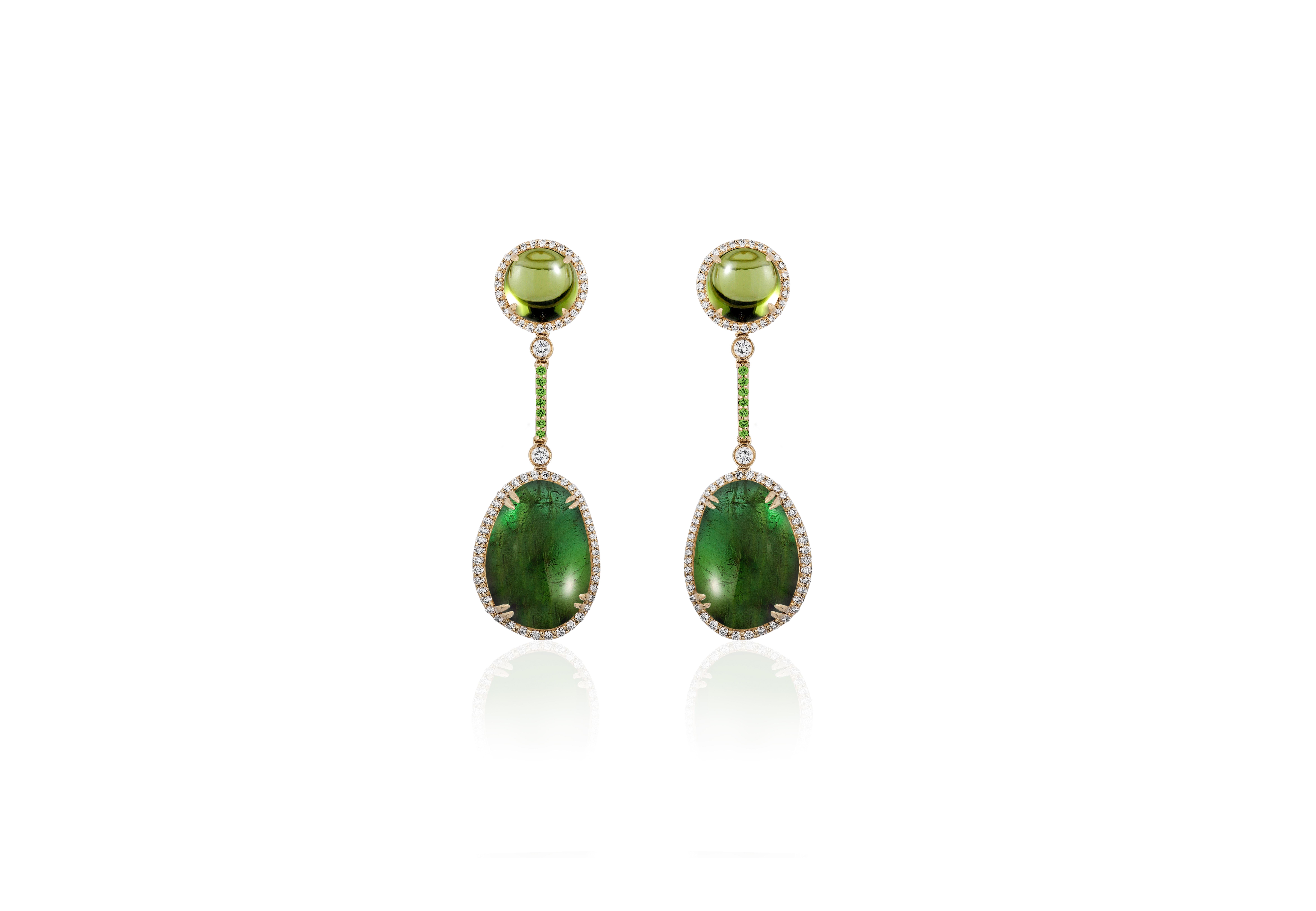 Peridot Top & Green Tourmaline Tumbled Drop Earrings with Diamonds and Tsavorite in 18K Yellow Gold, from 'G-One' Collection

Approx. Stone Wt: 19.92 Carats (Green Tourmaline), 0.27 Carats (Tsavorite)

Diamonds: G-H / VS, Approx. Wt: 0.69 Carats