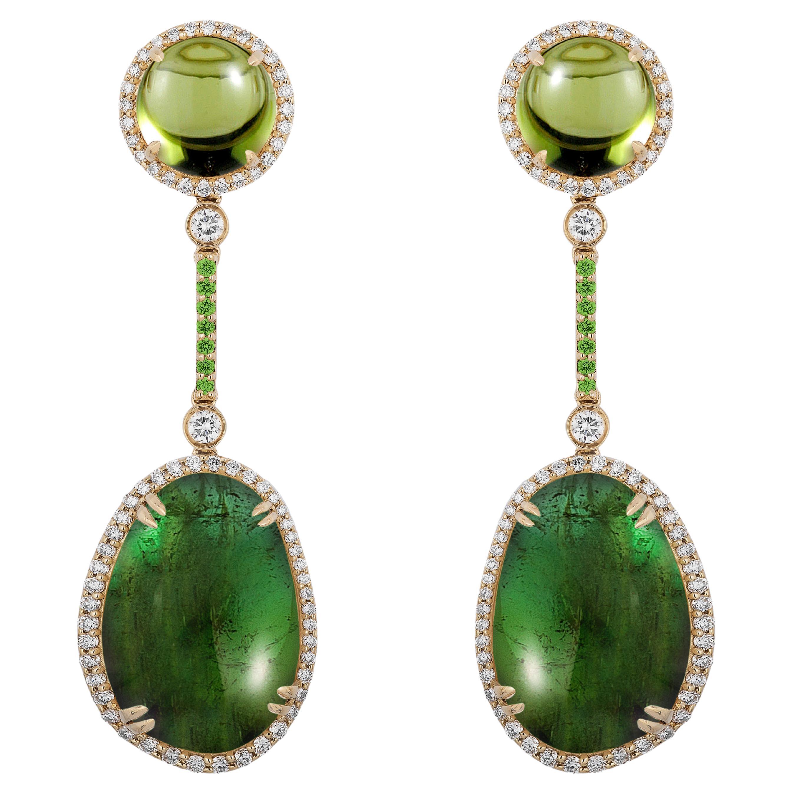 Goshwara Peridot Top and Green Tourmaline Tumbled Drop with Diamonds Earrings For Sale