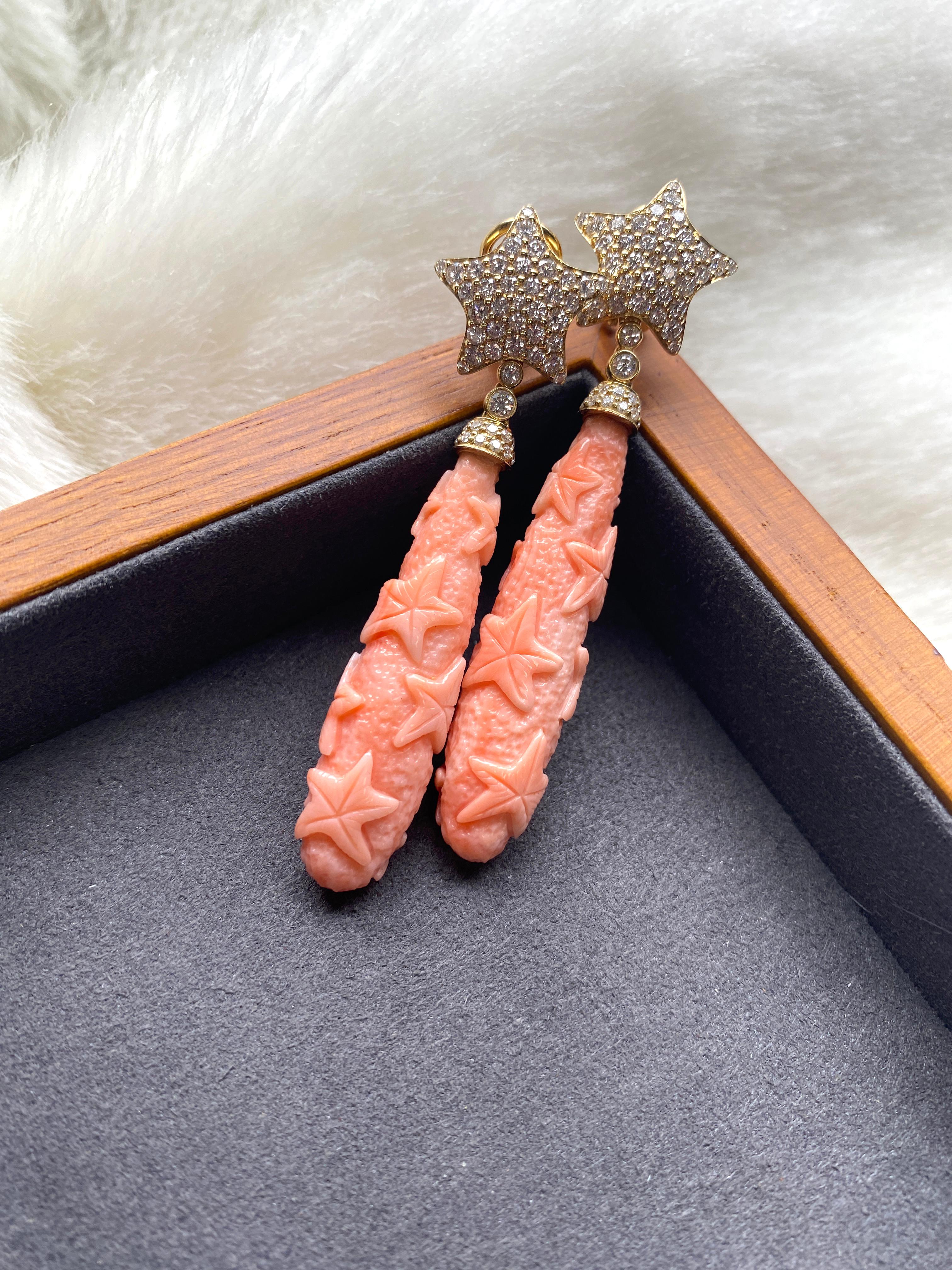 Contemporary Goshwara Pink Coral Drops with Diamond Earrings For Sale