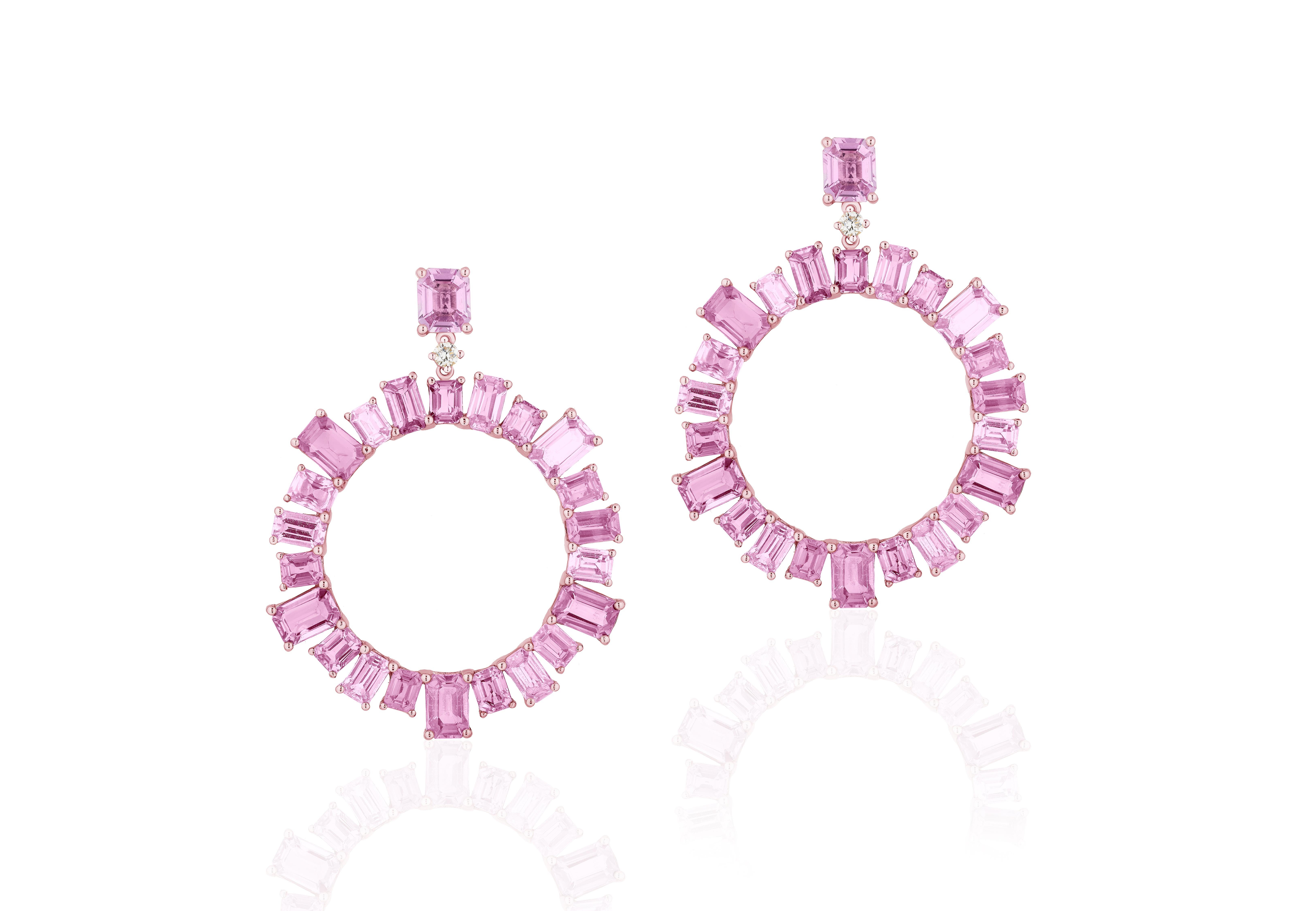 Emerald Cut Goshwara Pink Sapphire with Diamonds Earrings For Sale