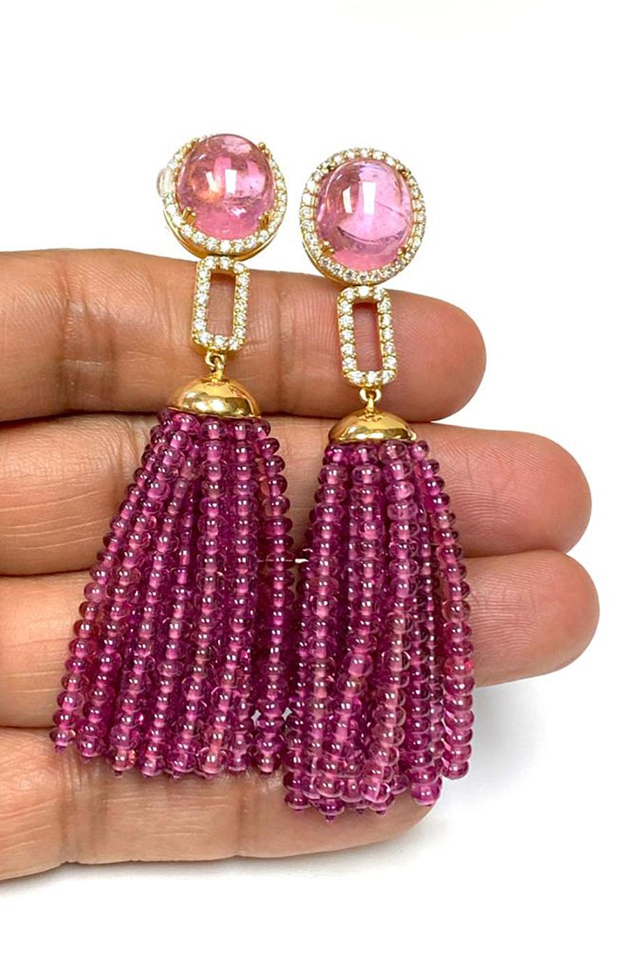 Contemporary Goshwara Pink Tourmaline Stud with 24 Rubellite Rows Tassel & Diamonds Earrings