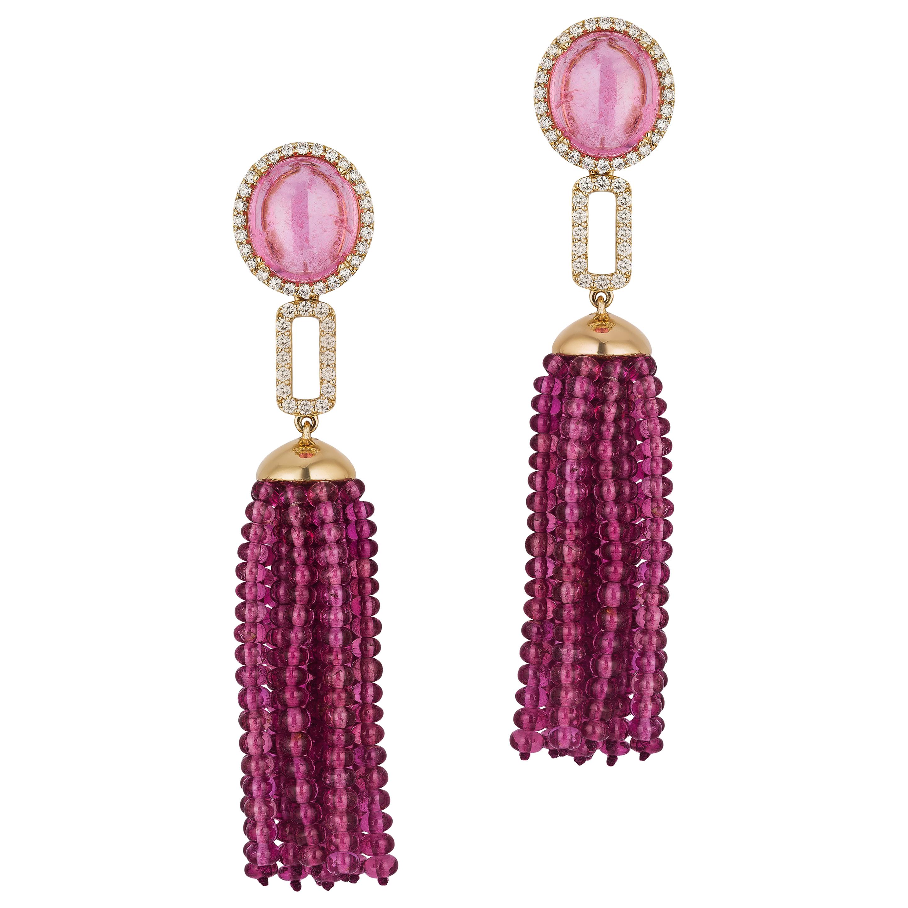 Goshwara Pink Tourmaline Stud with 24 Rubellite Rows Tassel & Diamonds Earrings