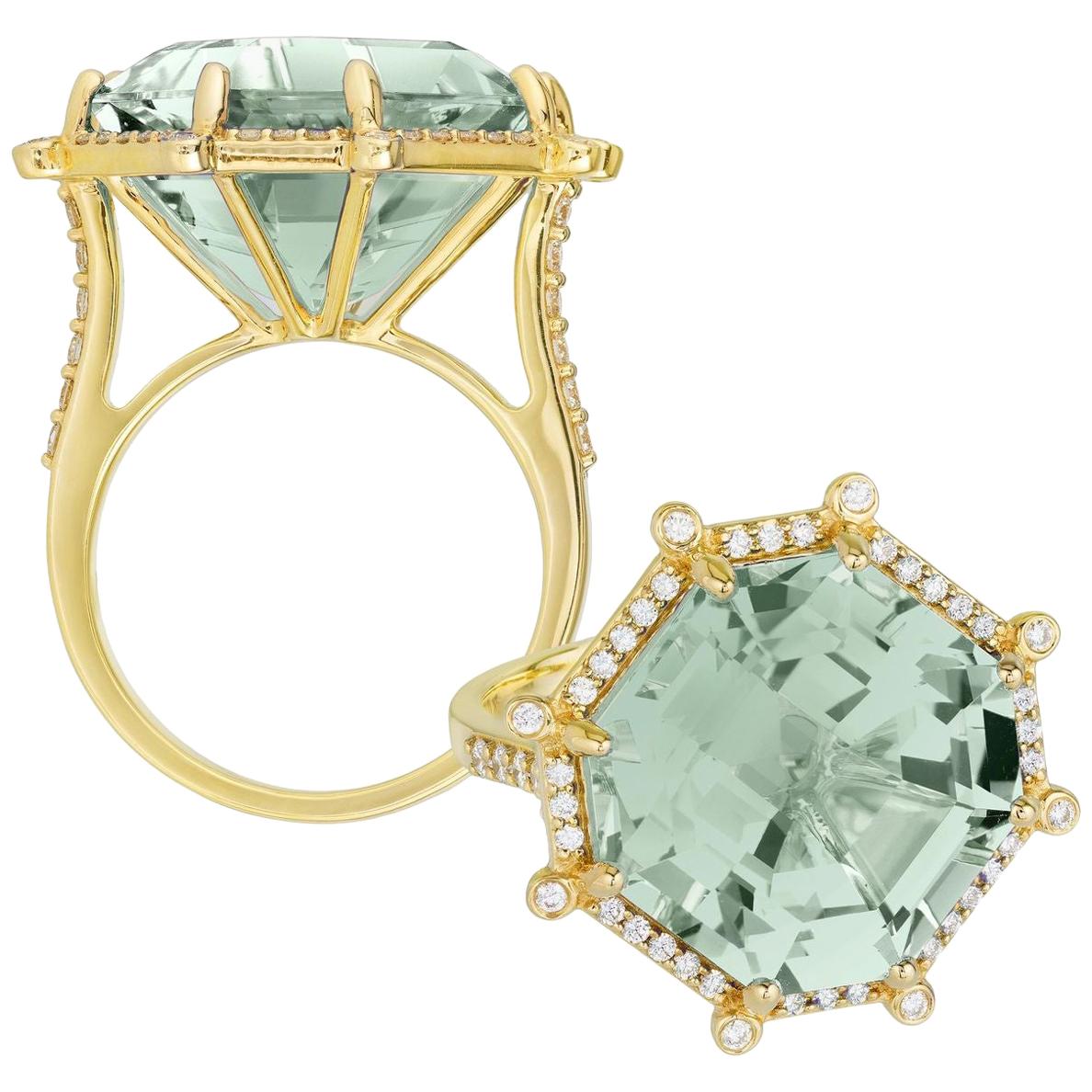 Goshwara Prasiolite and Diamond Large Octagon Ring For Sale