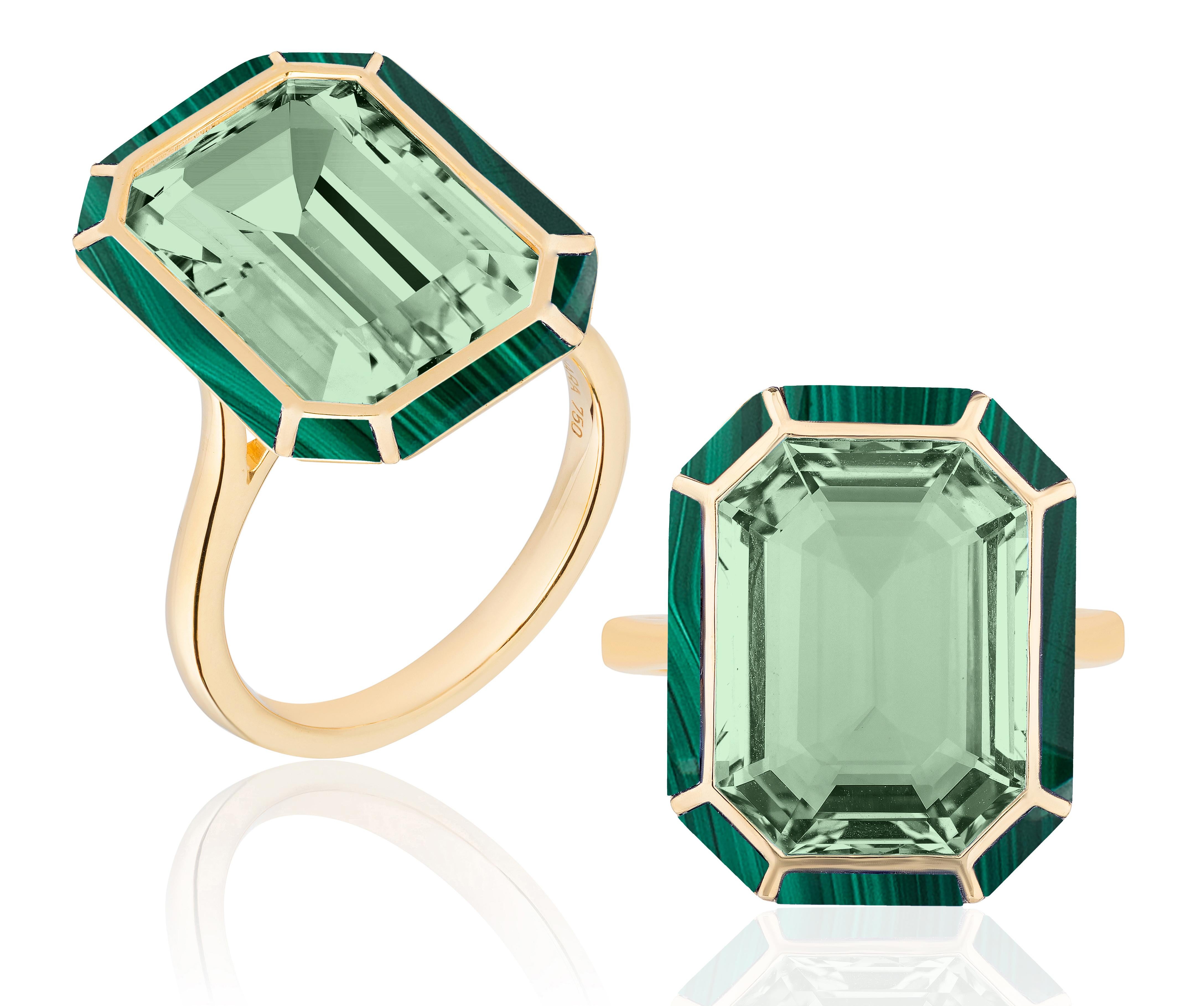 Emerald Cut Goshwara Prasiolite and Malachite Cocktail Ring For Sale