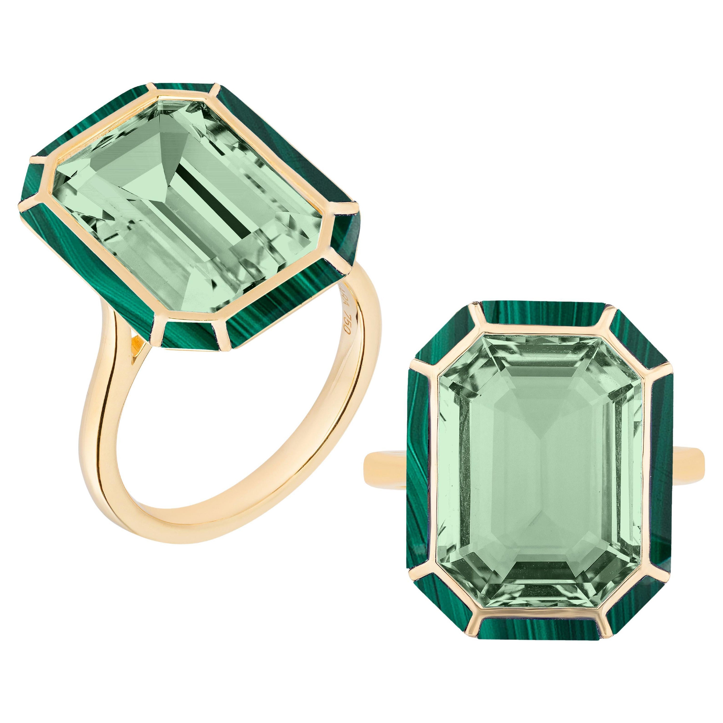 Anello da cocktail in Prasiolite e Malachite di Goshwara