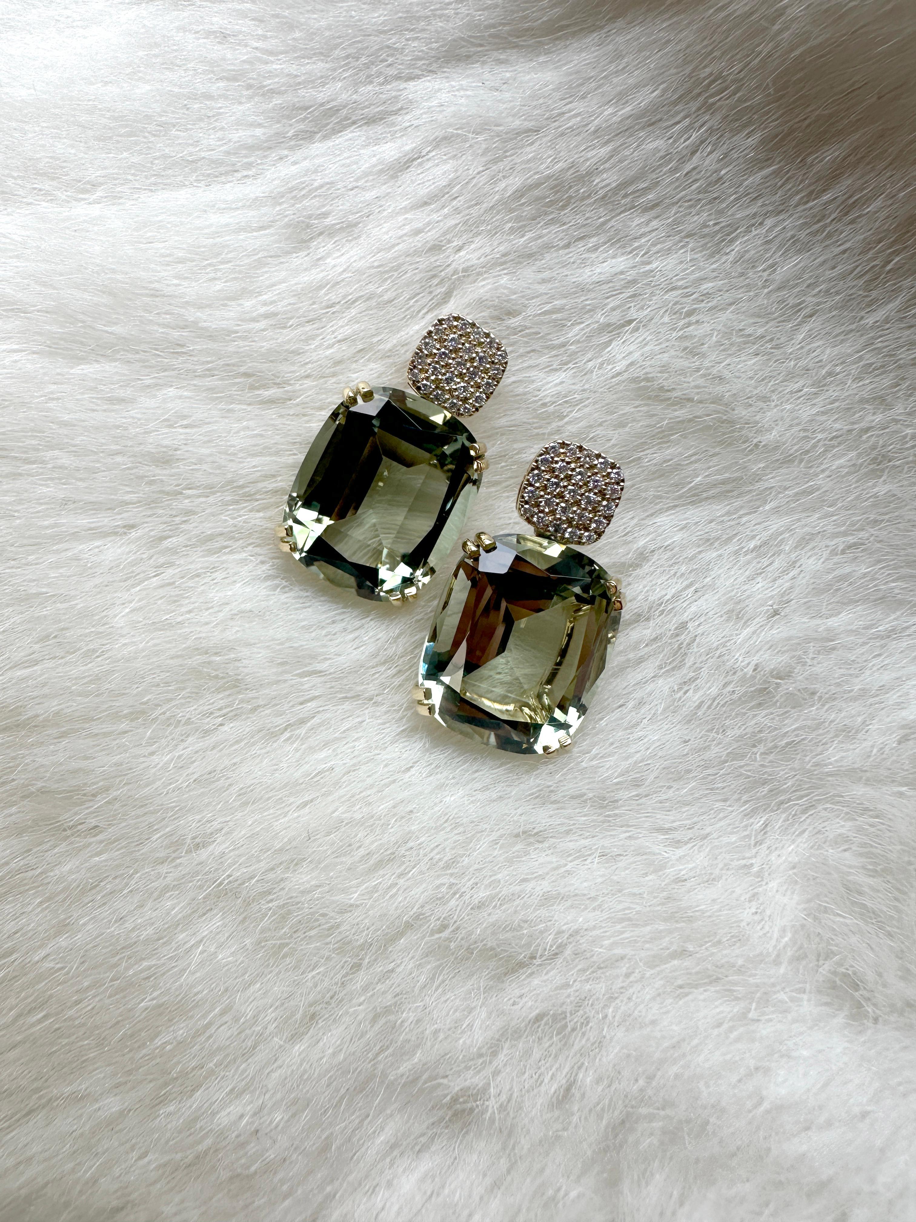 Introducing the stunning Prasiolite Cushion & Diamonds Earrings from our popular 'Gossip' Collection. 
The focal point of these earrings is the mesmerizing Prasiolite cushion-cut gemstone. The cushion-cut shape adds a touch of vintage charm, while