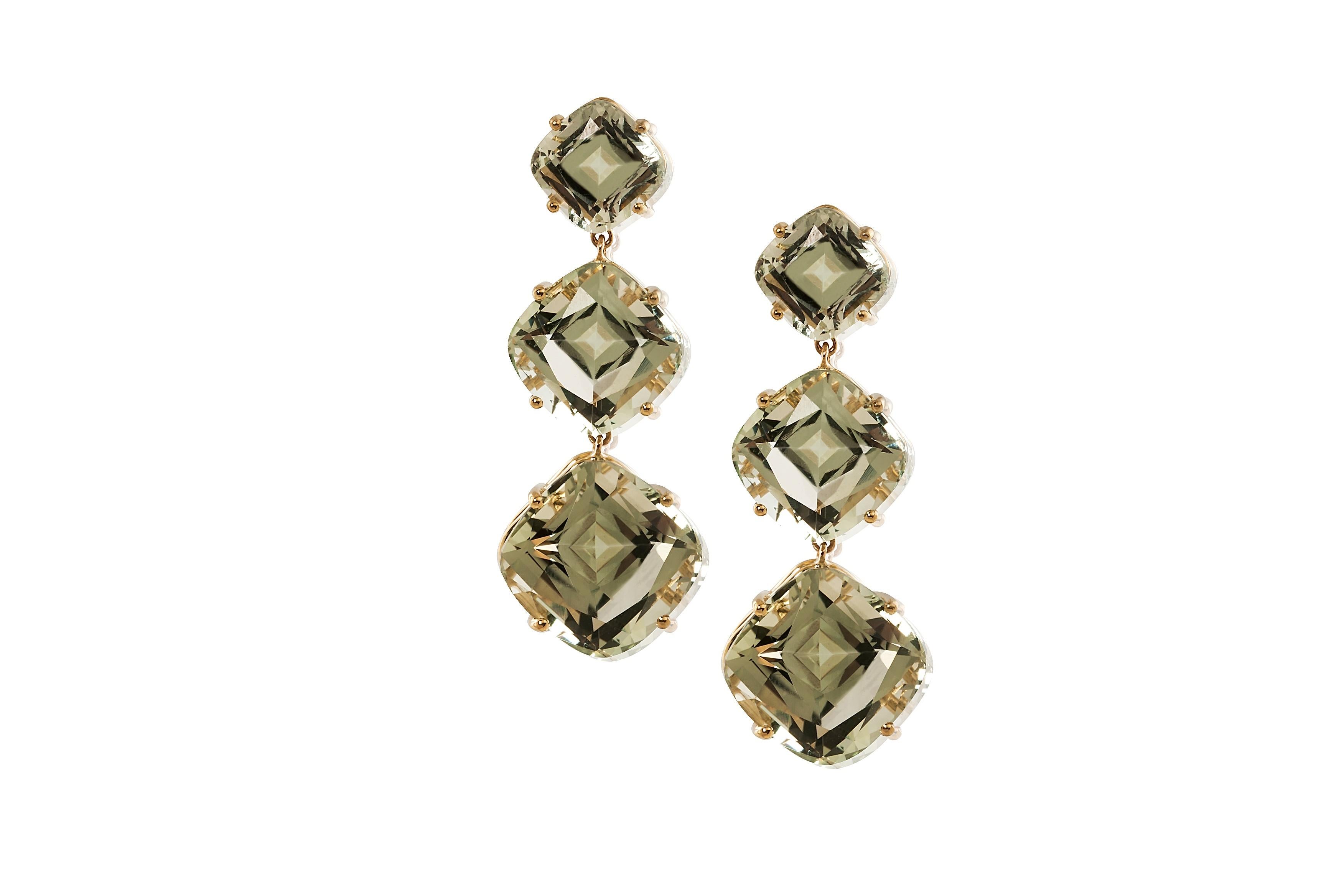 Prasiolite Cushion Earrings with Post in 18K Yellow Gold from 'Gossip' Collection 

Stone size: 9 x 9, 12 x 12, 14 x 14 mm 

Approx. Stone Weight: 42.71 Carats (Prasiolite)