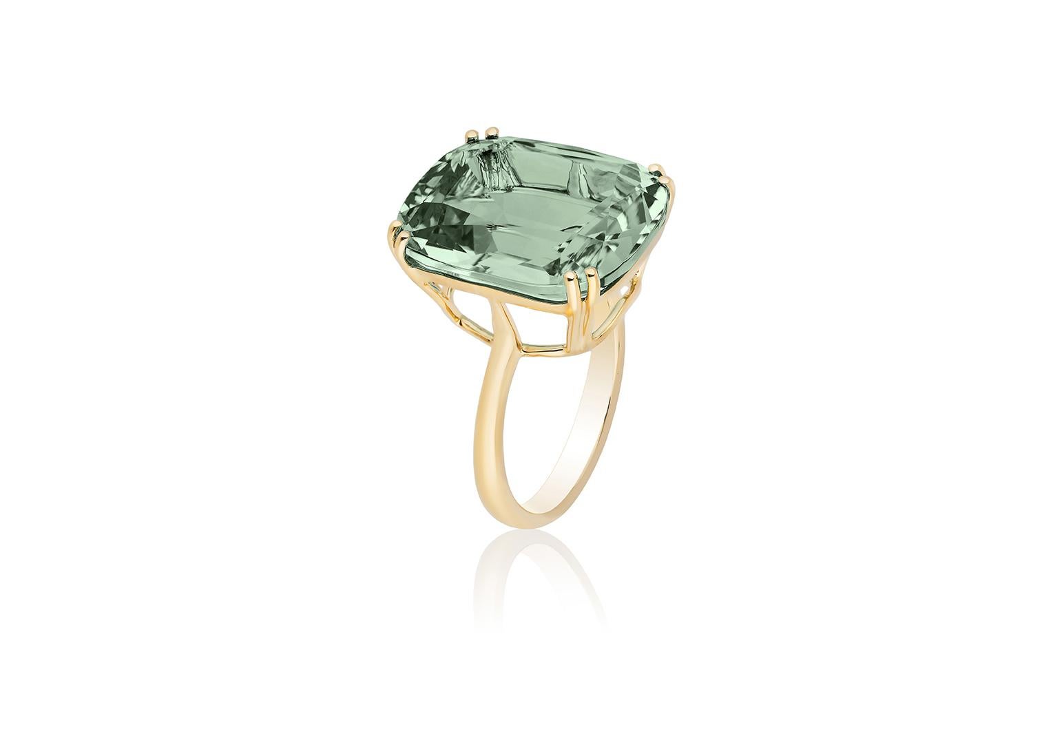 This beautiful Prasiolite Cushion Ring with Tube Shank is from our 'Gossip' Collection. Like any good piece of gossip, it carries a hint of shock value. If you want to make a statement, this is the perfect ring to do it.

* Gemstone: 100% Earth