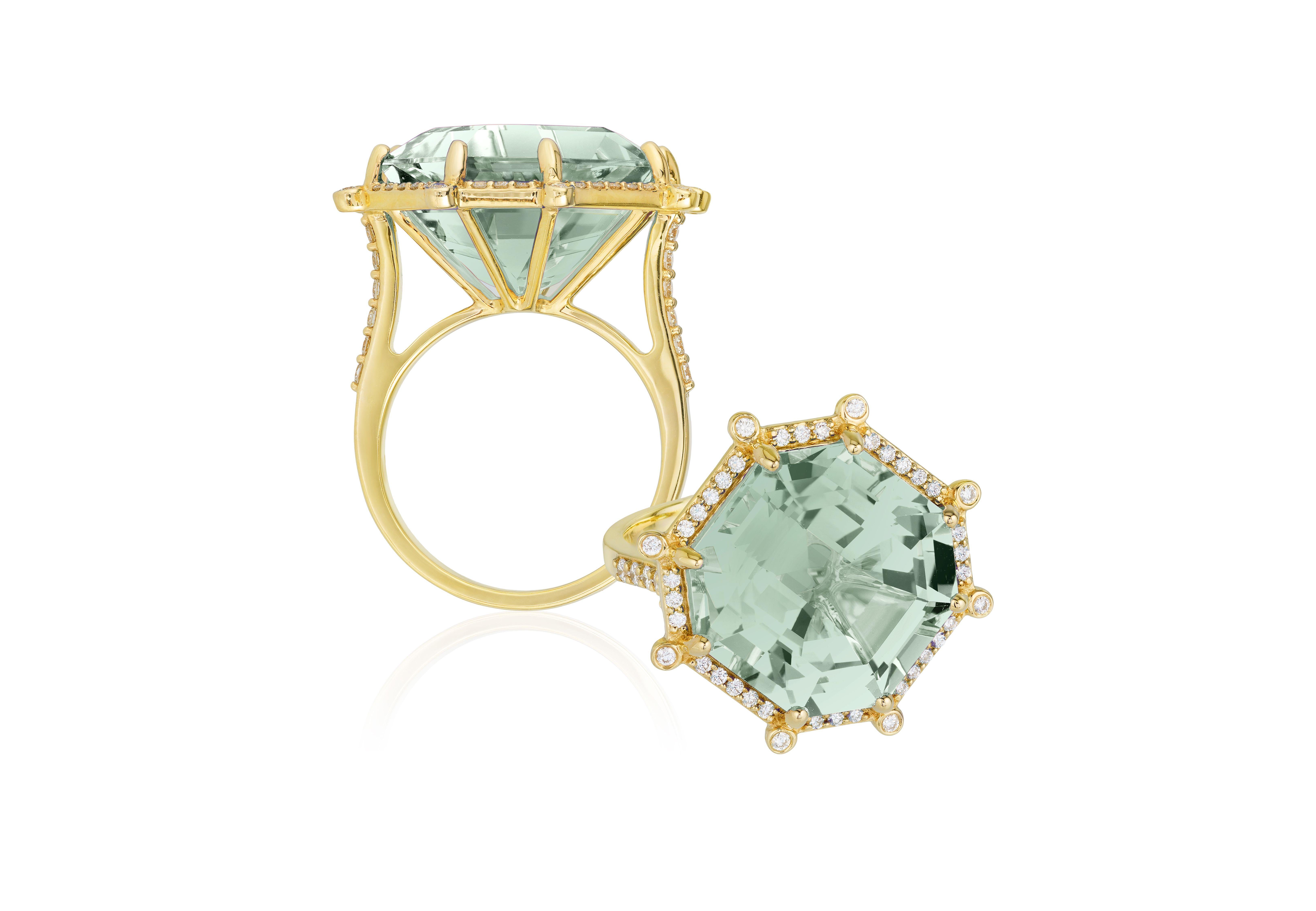 Large Prasiolite Octagon Ring with Diamonds in 18K Yellow Gold, from 'Gossp' Collection

Stone Size: 16 x 16 mm

Gemstone Approx Wt: Parsolite- 14.65 Carats

Diamonds: G-H / VS, Approx Wt: 0.47 Carats