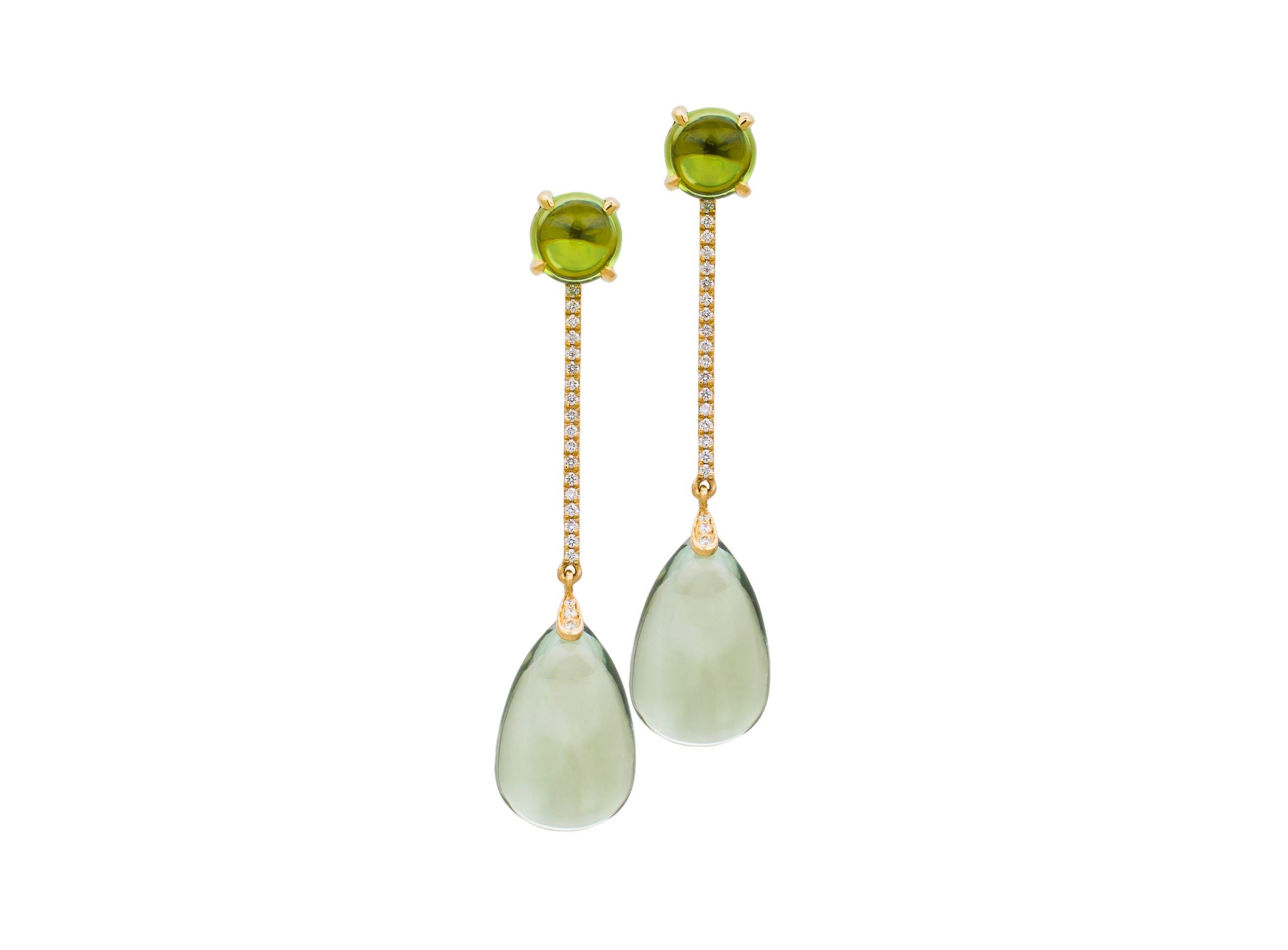Contemporary Goshwara Prasiolite Drop and Peridot Cabochon with Diamond Earrings For Sale