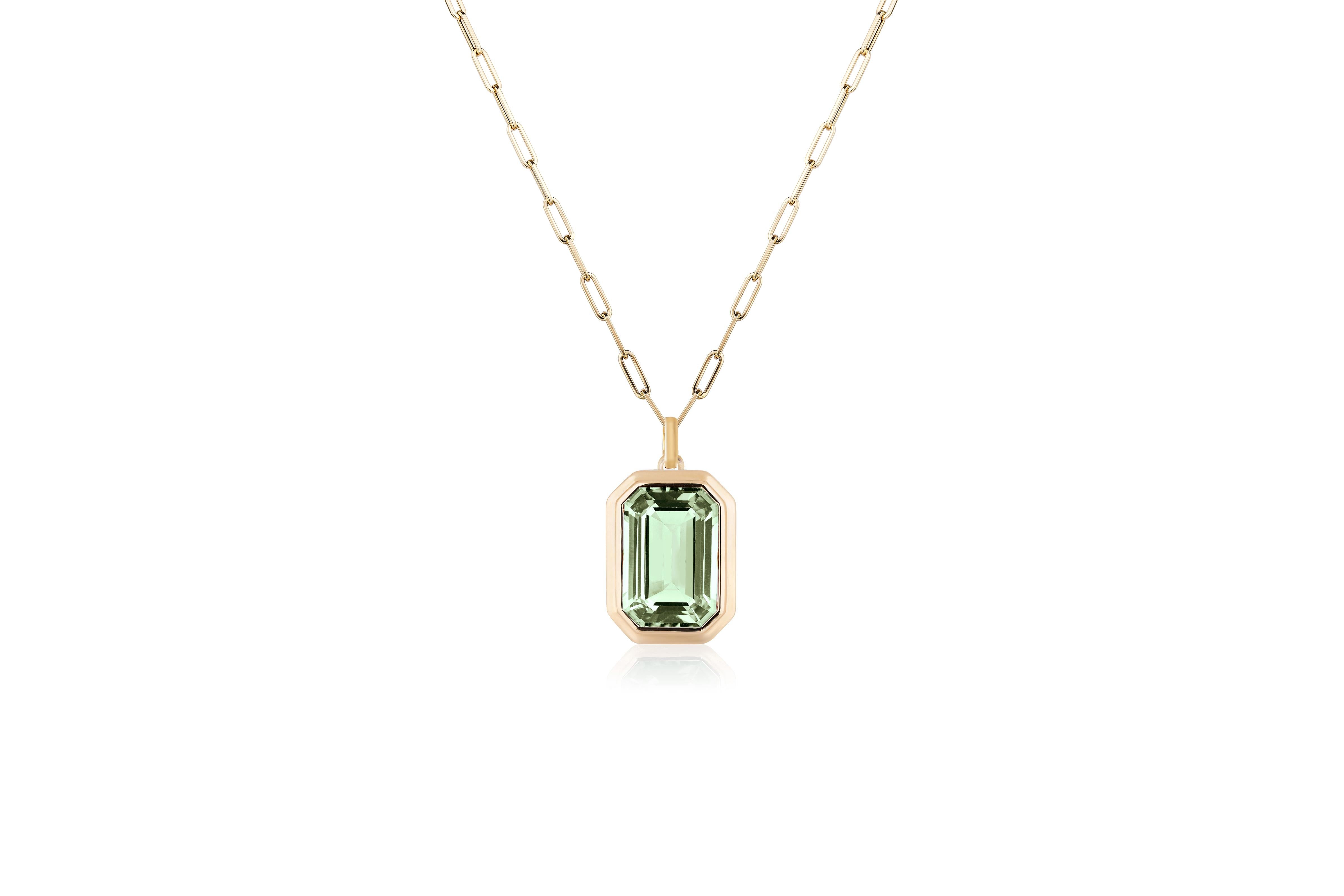 This beautiful Prasiolite Emerald Cut Bezel Set Pendant in 18K Yellow Gold is from our ‘Manhattan’ Collection. Minimalist lines yet bold structures are what our Manhattan Collection is all about. Our pieces represent the famous skyline and