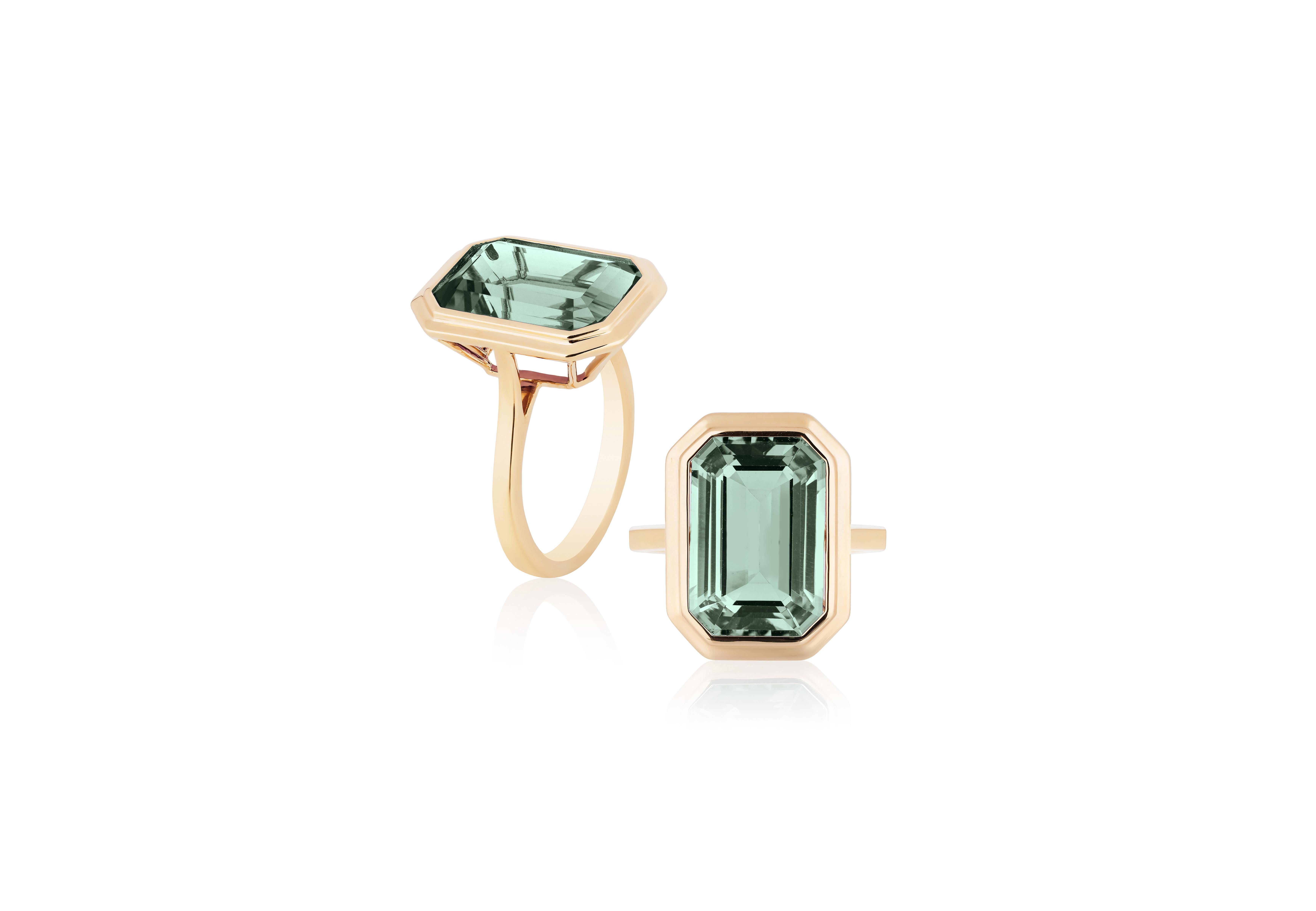 A classic yet an everyday bold statement piece, this amazing cocktail ring is part of our very new ‘Manhattan’ Collection. It has a 10 x 15 mm emerald cut Prasiolite in a bezel setting in 18k gold   ​

Minimalist lines yet bold structures is what