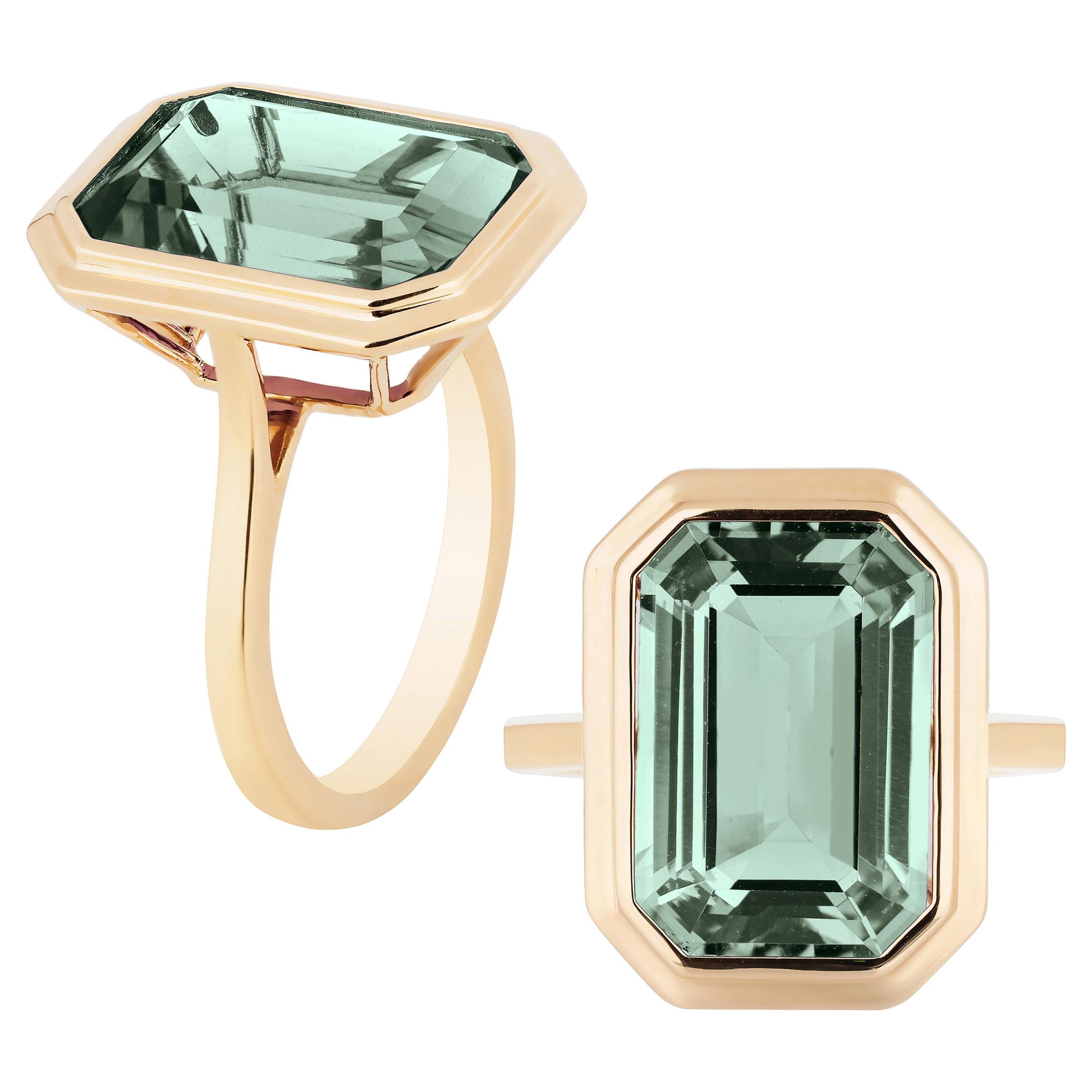 Goshwara Prasiolite Emerald Cut Bezel Set Ring For Sale