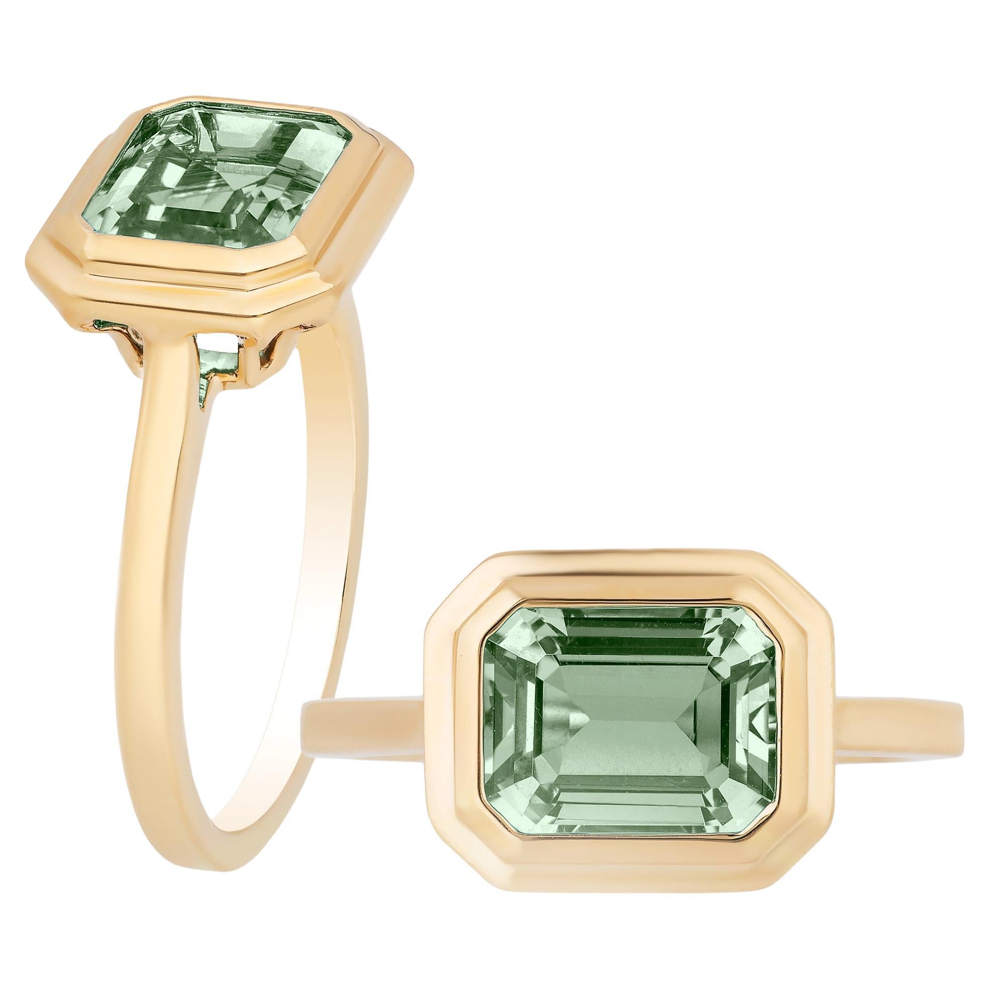 Goshwara Prasiolite Emerald Cut Bezel Set Ring For Sale