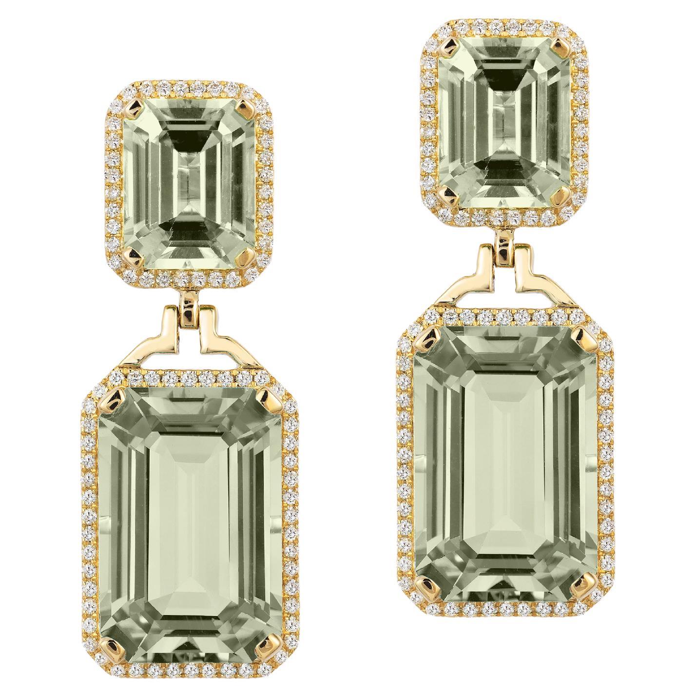 Goshwara Prasiolite Emerald Cut Diamond Earrings For Sale