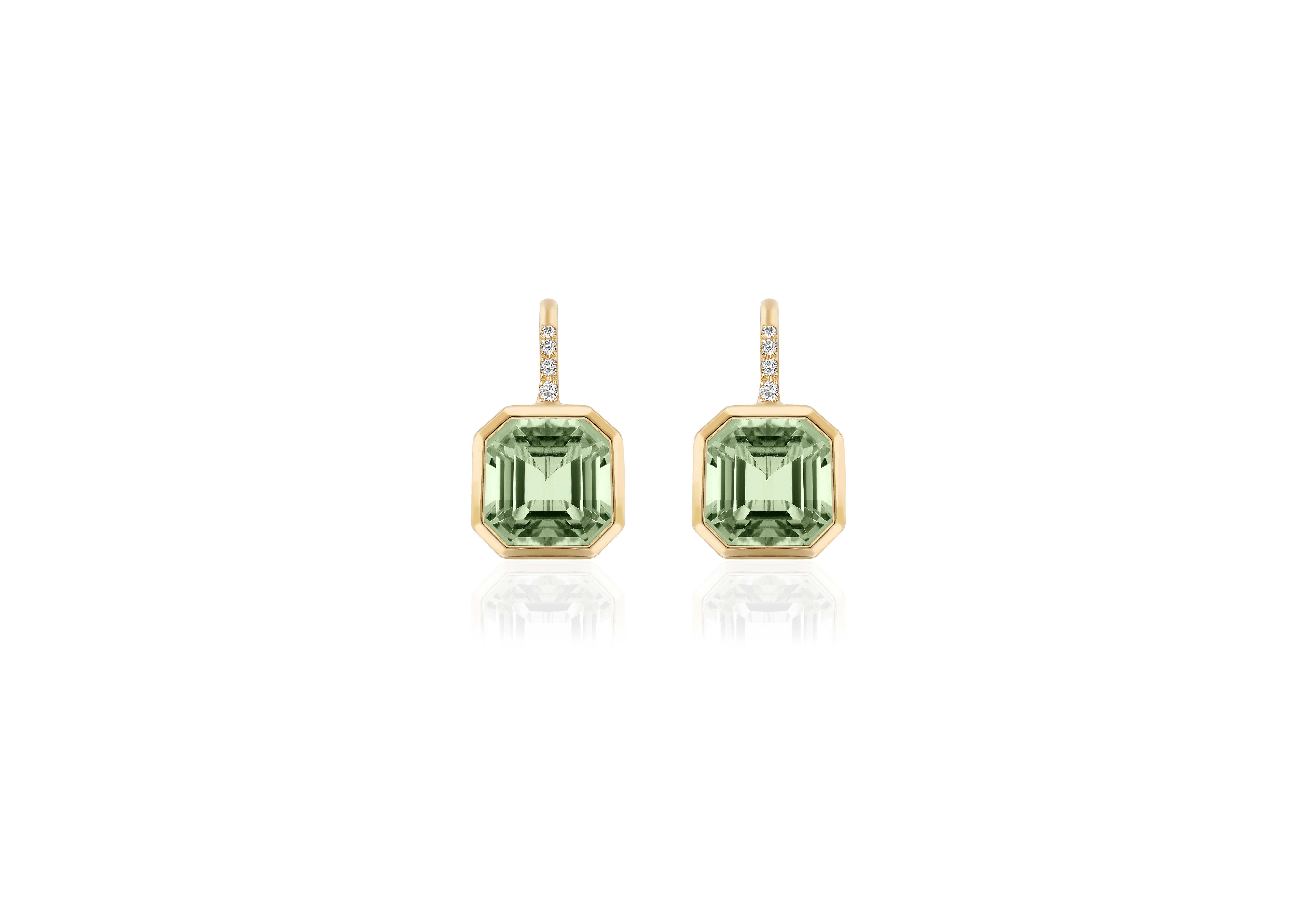 These beautiful earrings in a 9 x 9 mm Asscher cut, which is a  blend of the princess and emerald cuts with X-shaped facets from its corners to its center culet, are made in Prasiolite which is from the Amethyst family. They are set on wire with 4