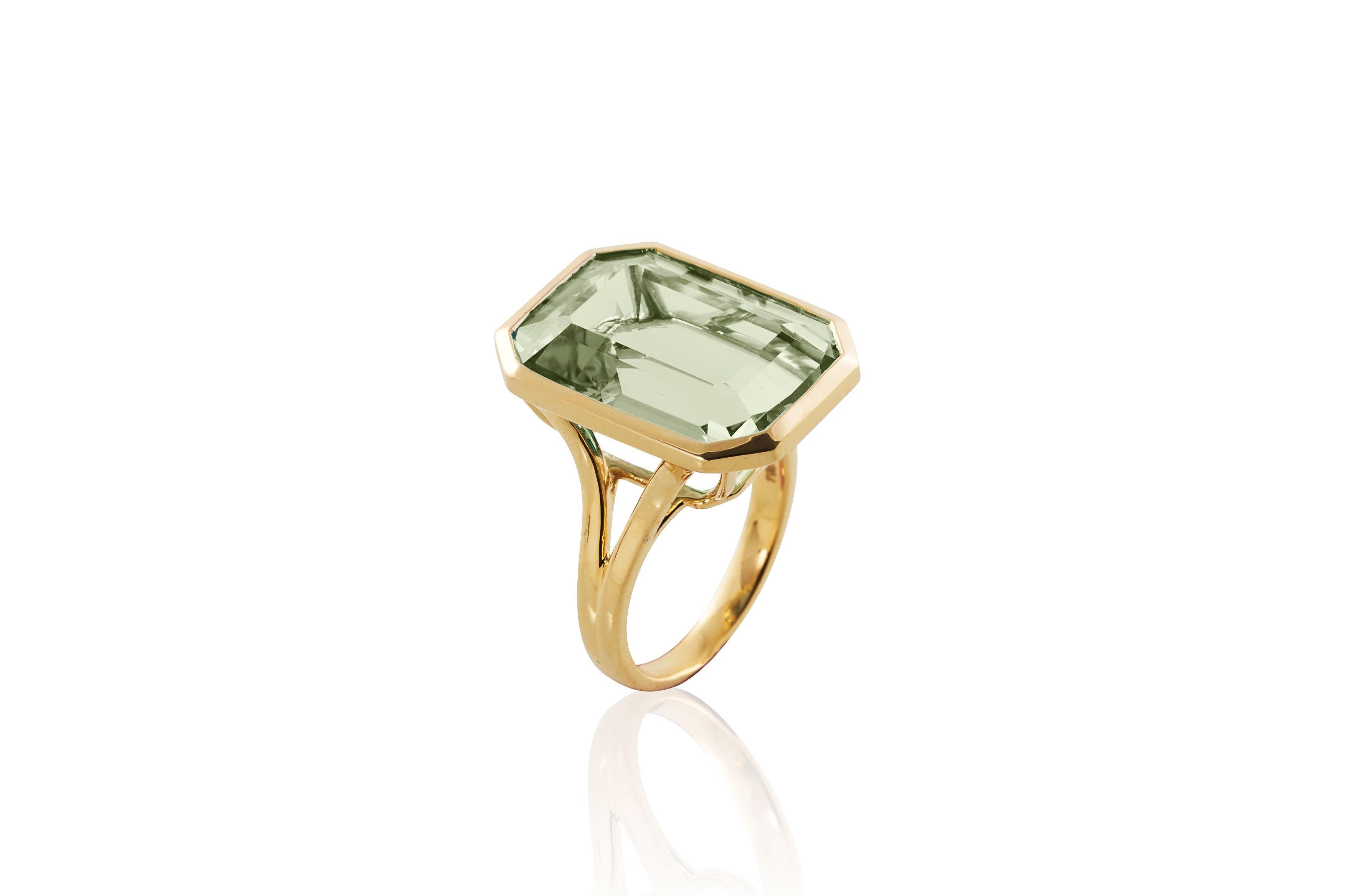 Prasiolite Emerald Cut Ring in 18K Yellow Gold, from 'Gossip' Collection

Stone Size:  14 x 20 mm

Gemstone Approx. Wt: Prasiolite- 17.99 Carats