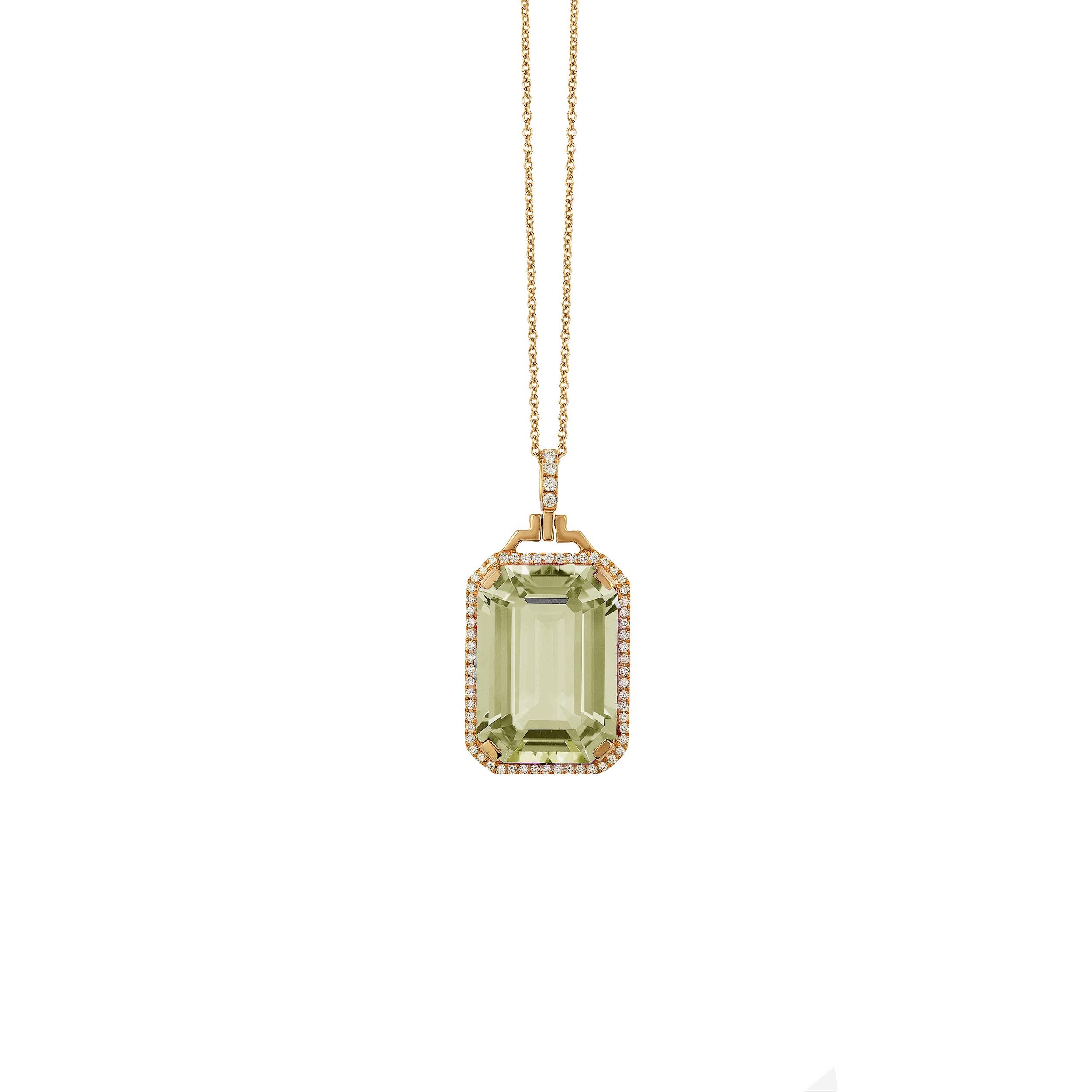 Prasiolite Emerald Cut Pendant with Diamonds in 18K Yellow Gold, from 'Gossip' Collection 
 
 on a 18'' Chain
 
 Stone Size: 14 x 20 mm 
 
 Gemstone Approx Wt: Prasiolite-19.35 Carats 
 
 Diamonds: G-H / VS, Approx Wt : 0.30 Carats