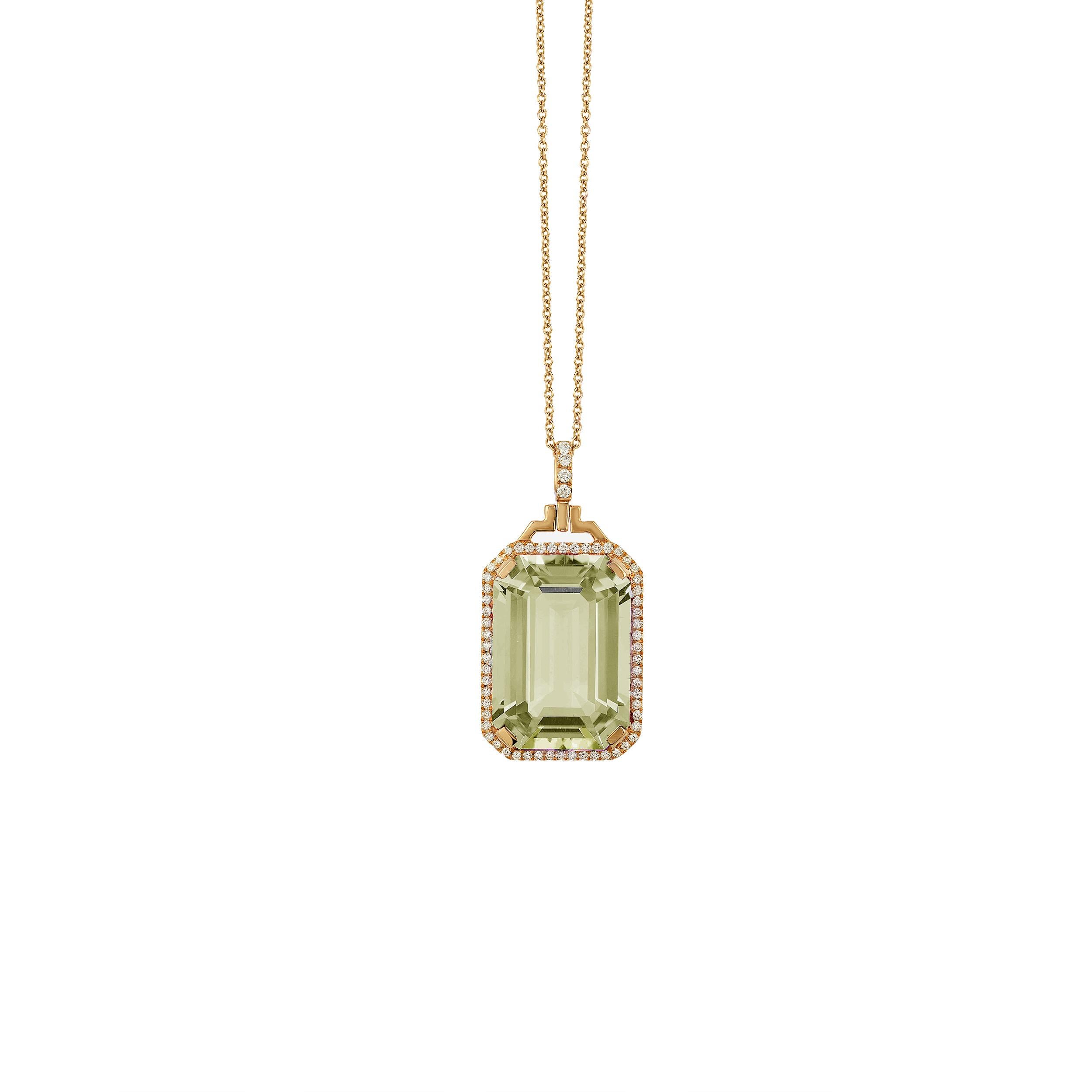 Prasiolite Emerald Cut Pendant with Diamonds in 18K Pink Gold, from 'Gossip' Collection 
 
 on a 18'' Chain
 
 Stone Size: 10 x 15 mm 
 
 Gemstone Approx Wt: Prasiolite- 6.95 Carats 
 
 Diamonds: G-H / VS, Approx Wt : 0.15 Carats
