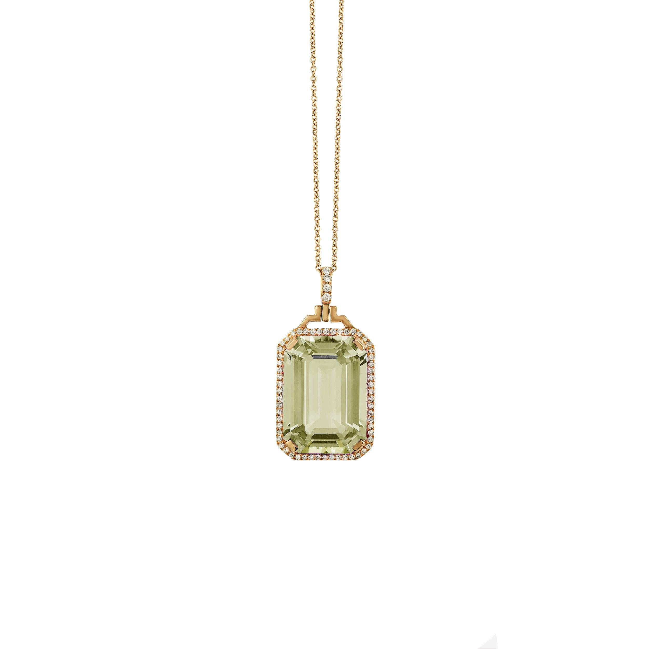 Contemporary Goshwara Prasiolite Emerald Cut with Diamonds Pendant For Sale