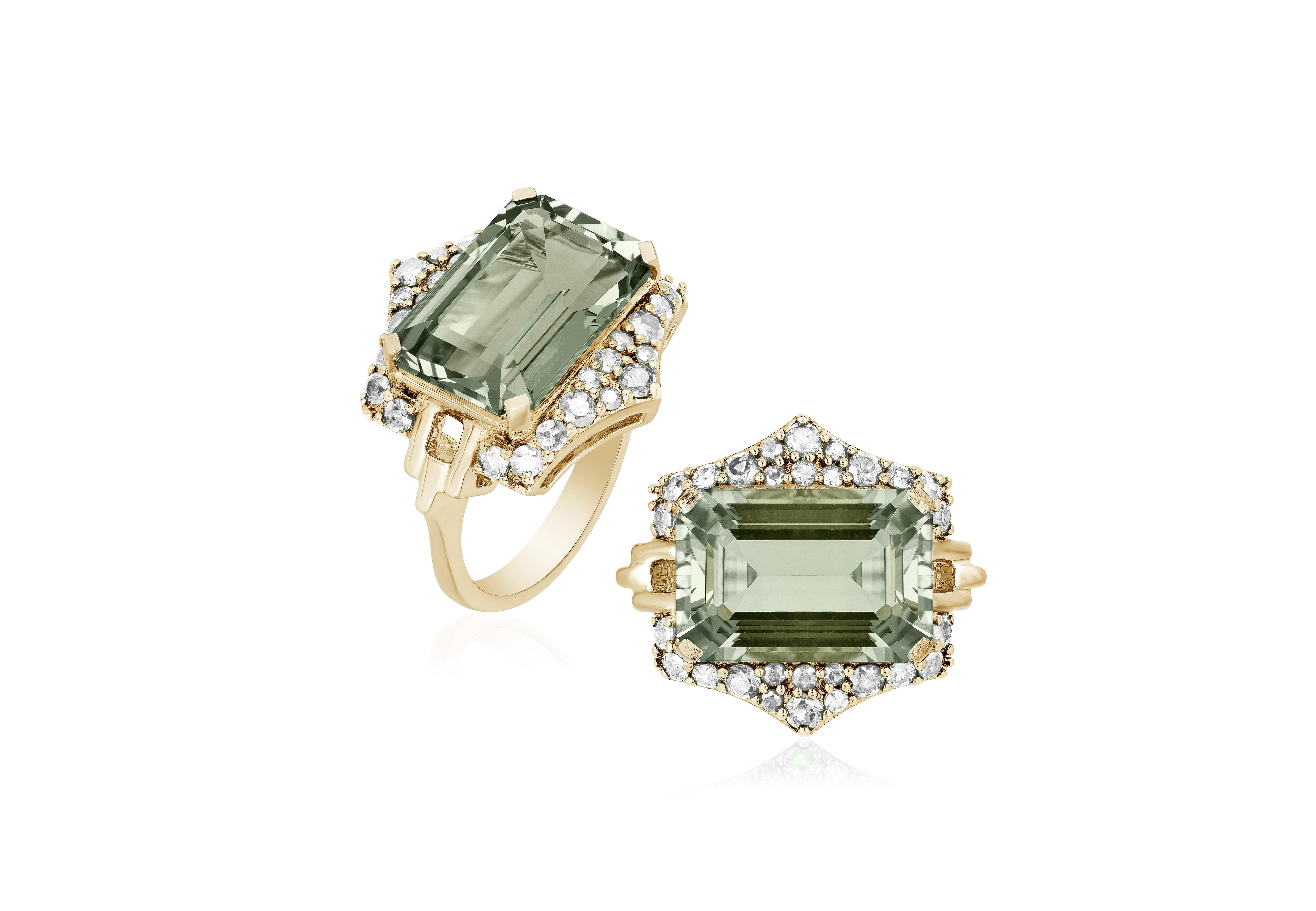 Prasiolite Emerald Cut Ring with Diamonds in 18K Yellow Gold, from 'Rain-Forest' Collection. This collection is thriving with luxuriant center stones and colored pave that represent the rain and the forest together. Blue for water, green for the