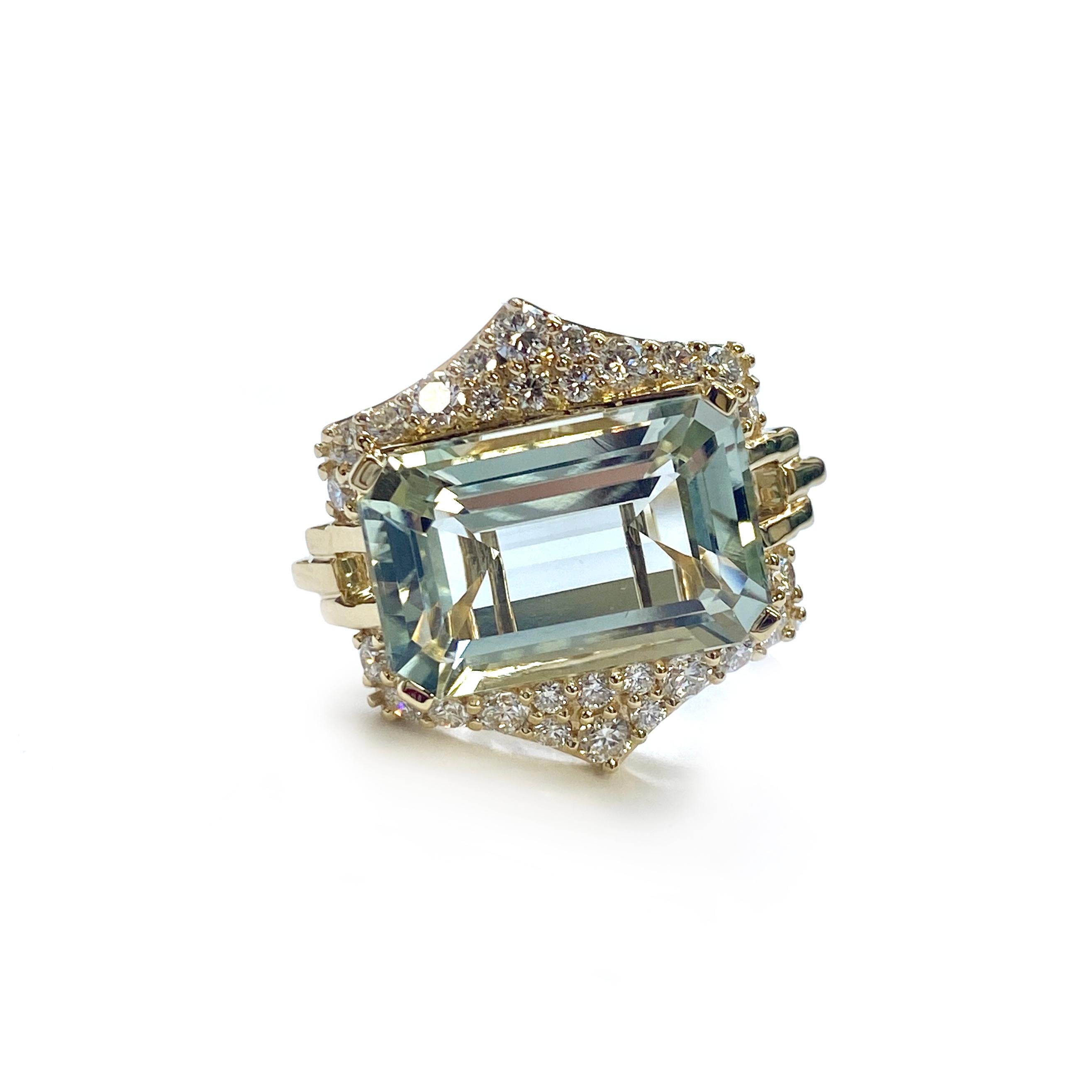 Contemporary Goshwara Prasiolite Emerald Cut with Diamonds Ring For Sale