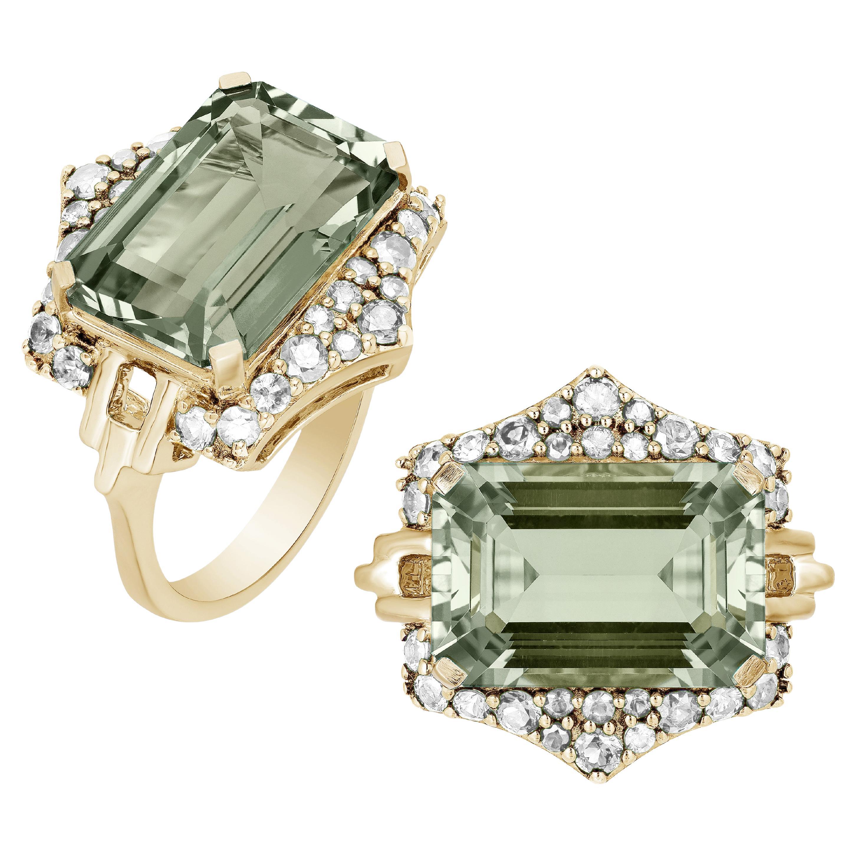 Goshwara Prasiolite Emerald Cut with Diamonds Ring For Sale