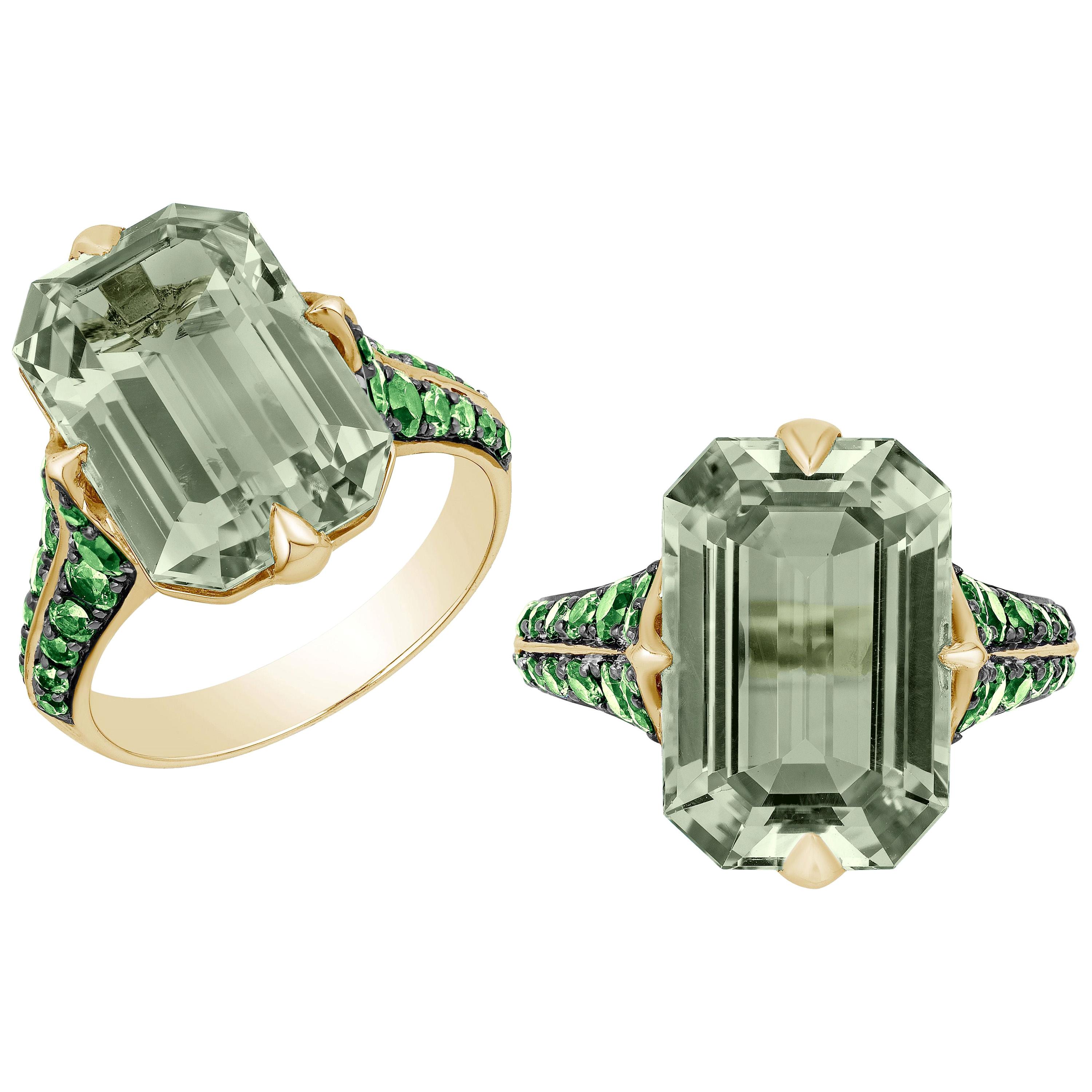 Goshwara Emerald Cut Prasiolite And Tsavorite Ring For Sale