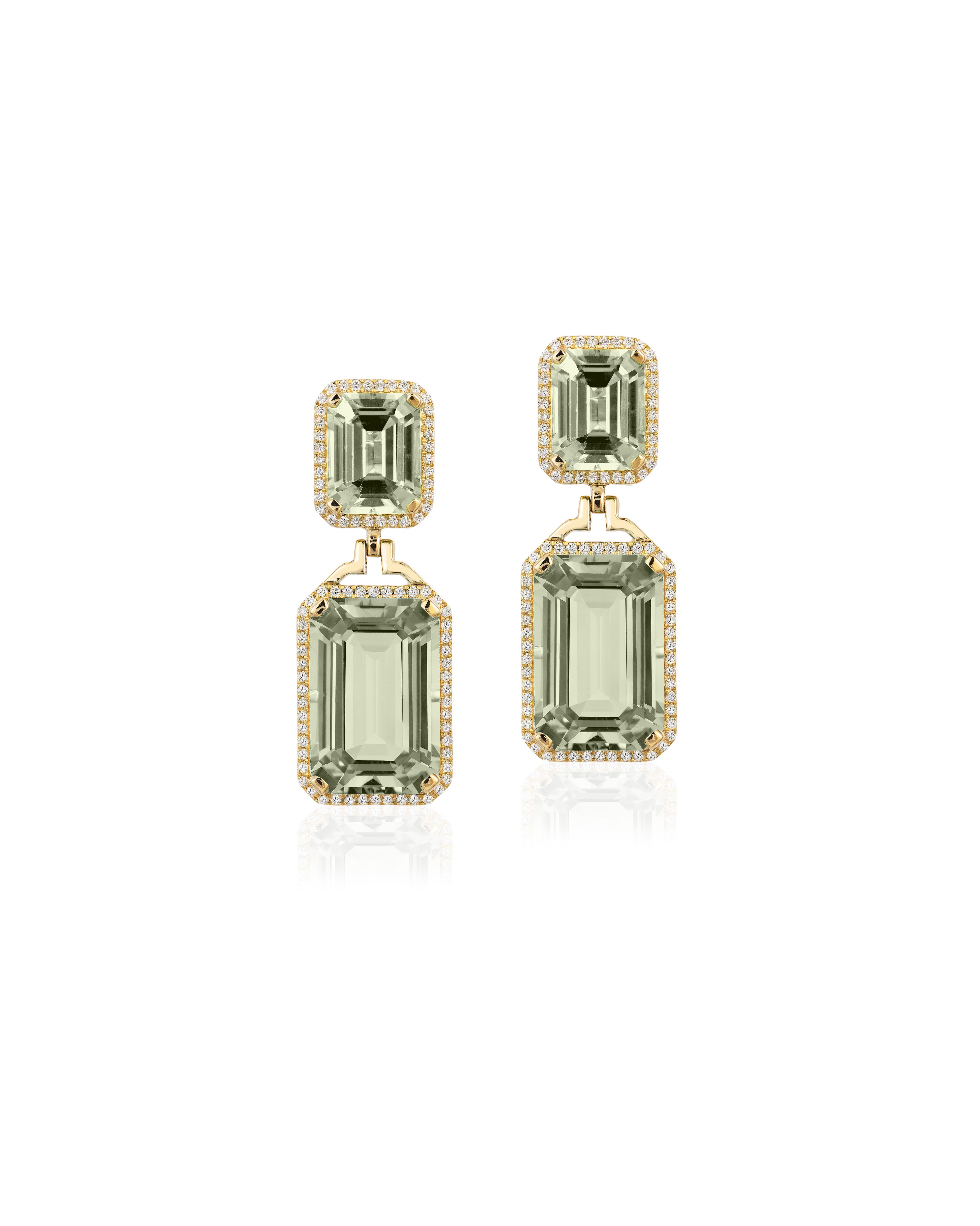 Prasiolite in Emerald Cut Earrings with Diamonds in 18k Yellow Gold, from ‘Gossip’ Collection
Stone Size: 10 x 15 mm & 9 x 7 mm  
Gemstone Approx. Wt: Prasiolite- 16.96 Carats
Diamond: G-H/VS, Approx. Wt: 0.48 Carats