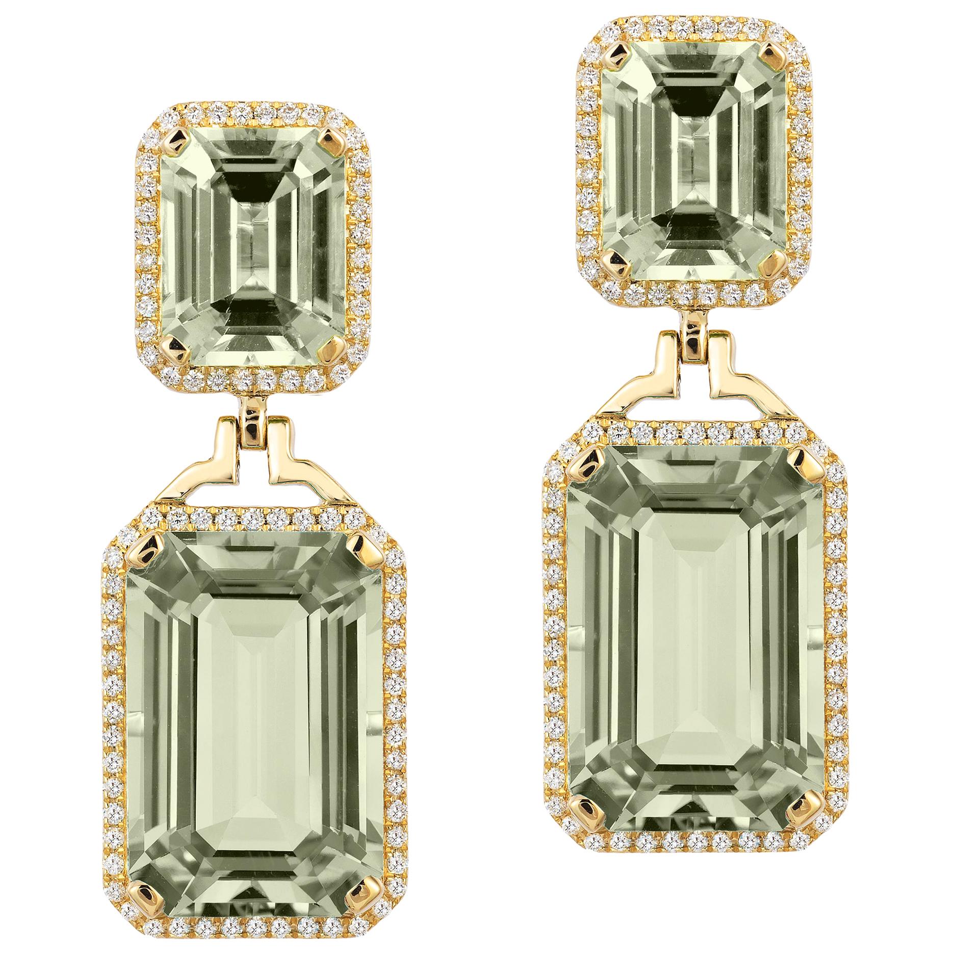 Goshwara Prasiolite Emerald Cut with Diamond Earrings