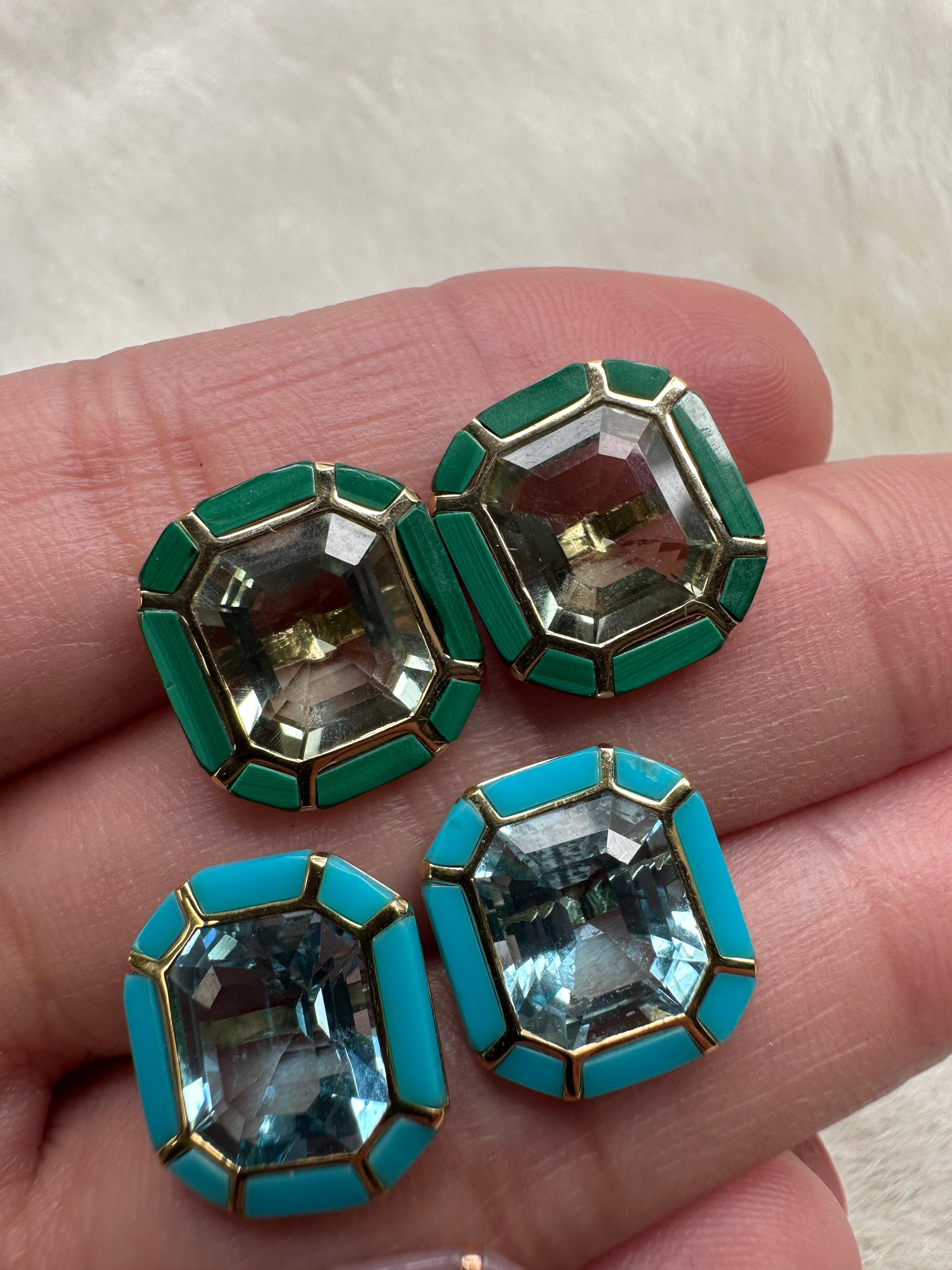 Emerald Cut Goshwara Prasiolite & Malachite Inlay Stud Earrings For Sale