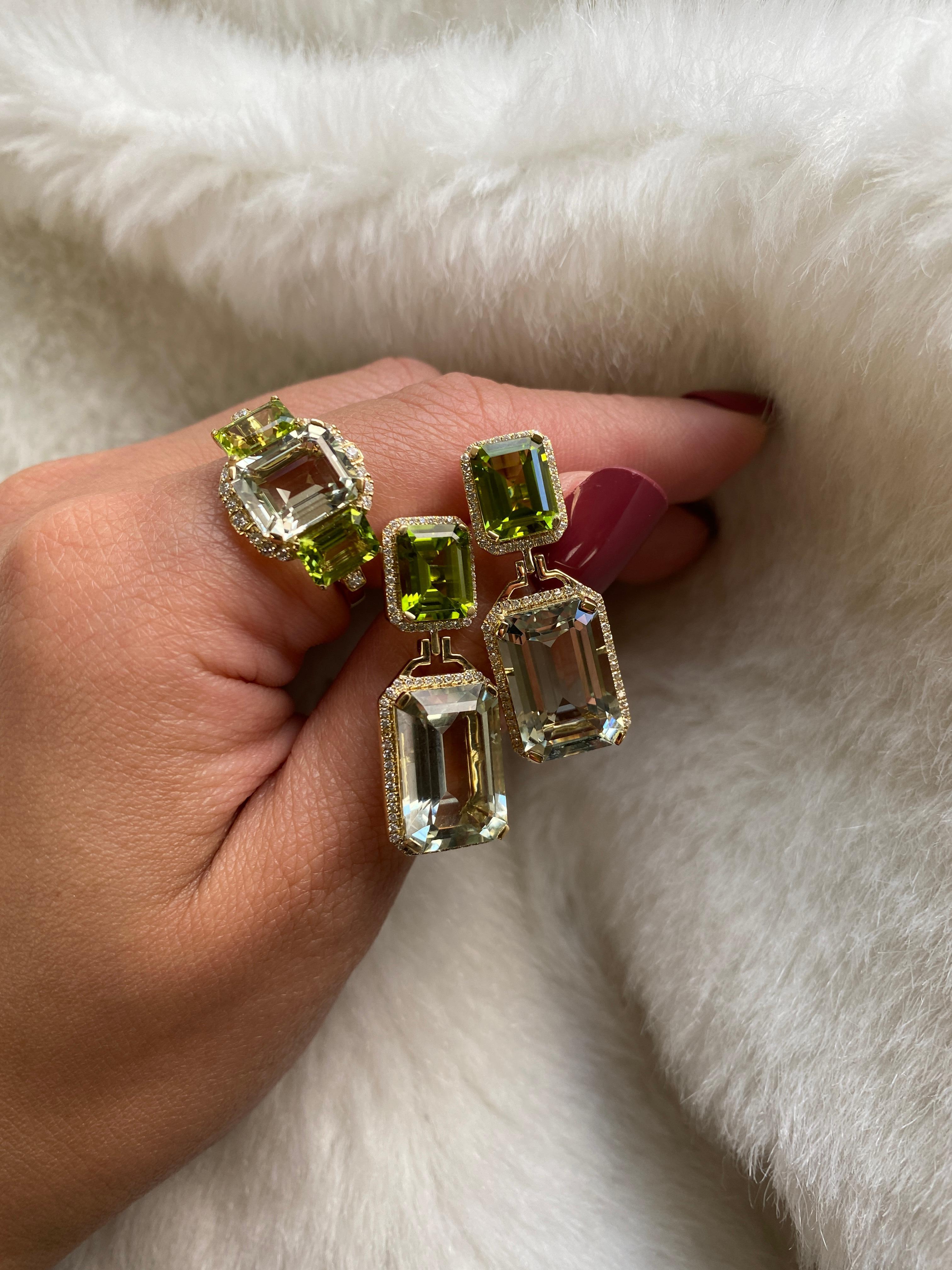 Unique combination of Prasiolite & Peridot 3 Stone Emerald Cut Ring with Diamonds set in 18K Yellow Gold. From our popular 'Gossip' Collection, this piece carries a hint of shock value.

* Stone Size: 10 x 8 - 7 x 5 mm
* Gemstone: 100% Earth Mined