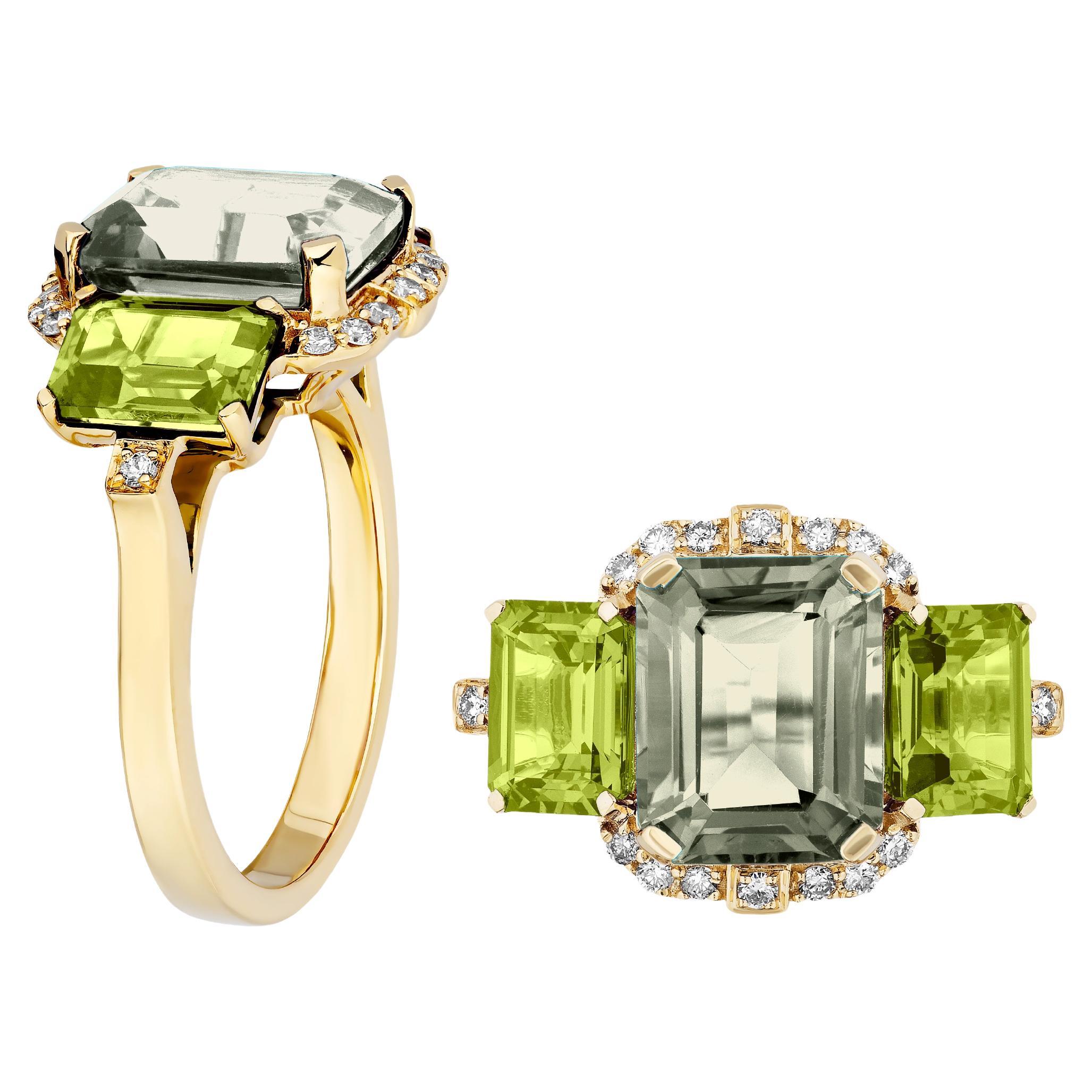 Goshwara Prasiolite & Peridot 3 Stone Emerald Cut with Diamonds Ring For Sale