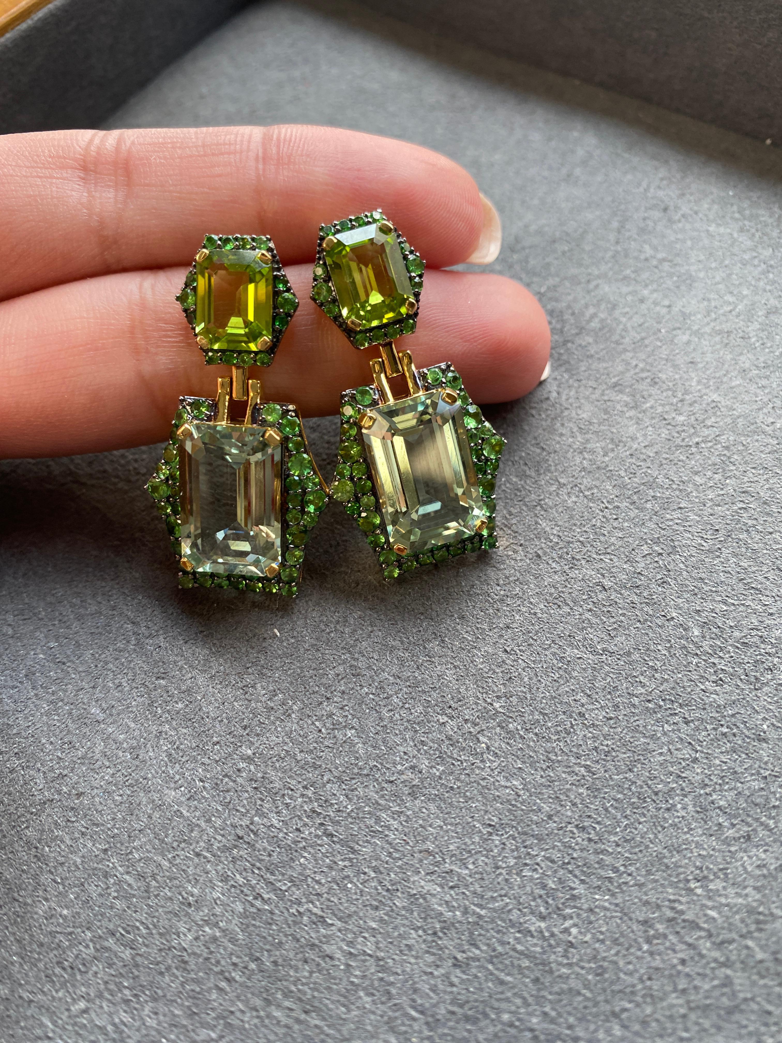 Emerald Cut Prasiolite, Peridot and Tsavorite Earrings