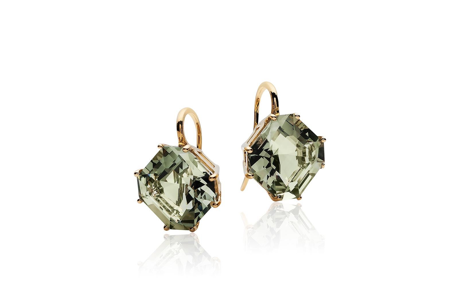 Introducing the exquisite Prasiolite Square Emerald Cut Earrings from 'Gossip' Collection. Crafted in 18K yellow gold, these earrings feature stunning square-cut Prasiolite gems suspended elegantly on French wires. The unique emerald cut of the