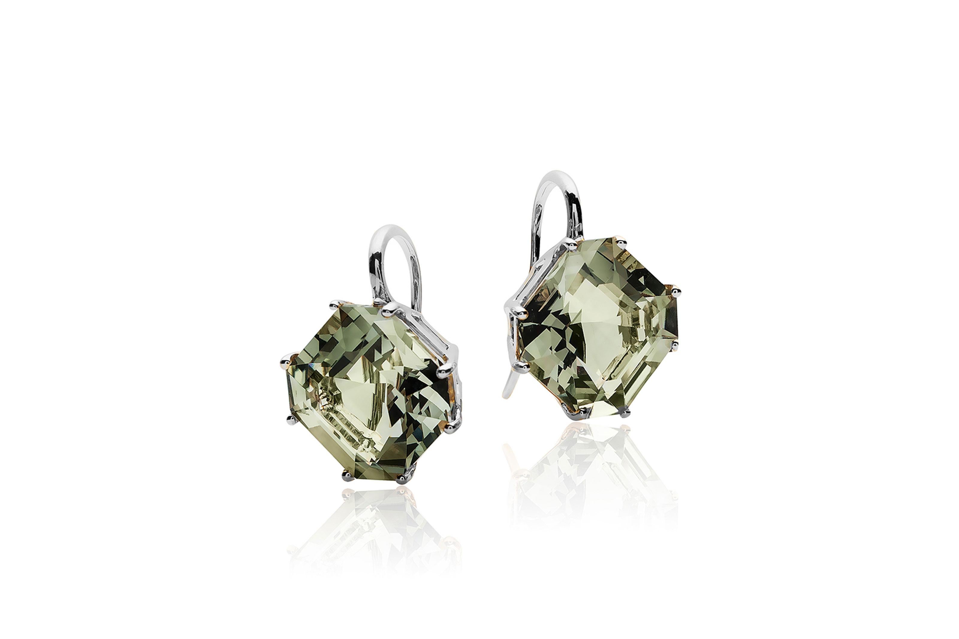 Introducing the exquisite Prasiolite Square Emerald Cut Earrings from 'Gossip' Collection. Crafted in 18K white gold, these earrings feature stunning square-cut Prasiolite gems suspended elegantly on French wires. The unique emerald cut of the