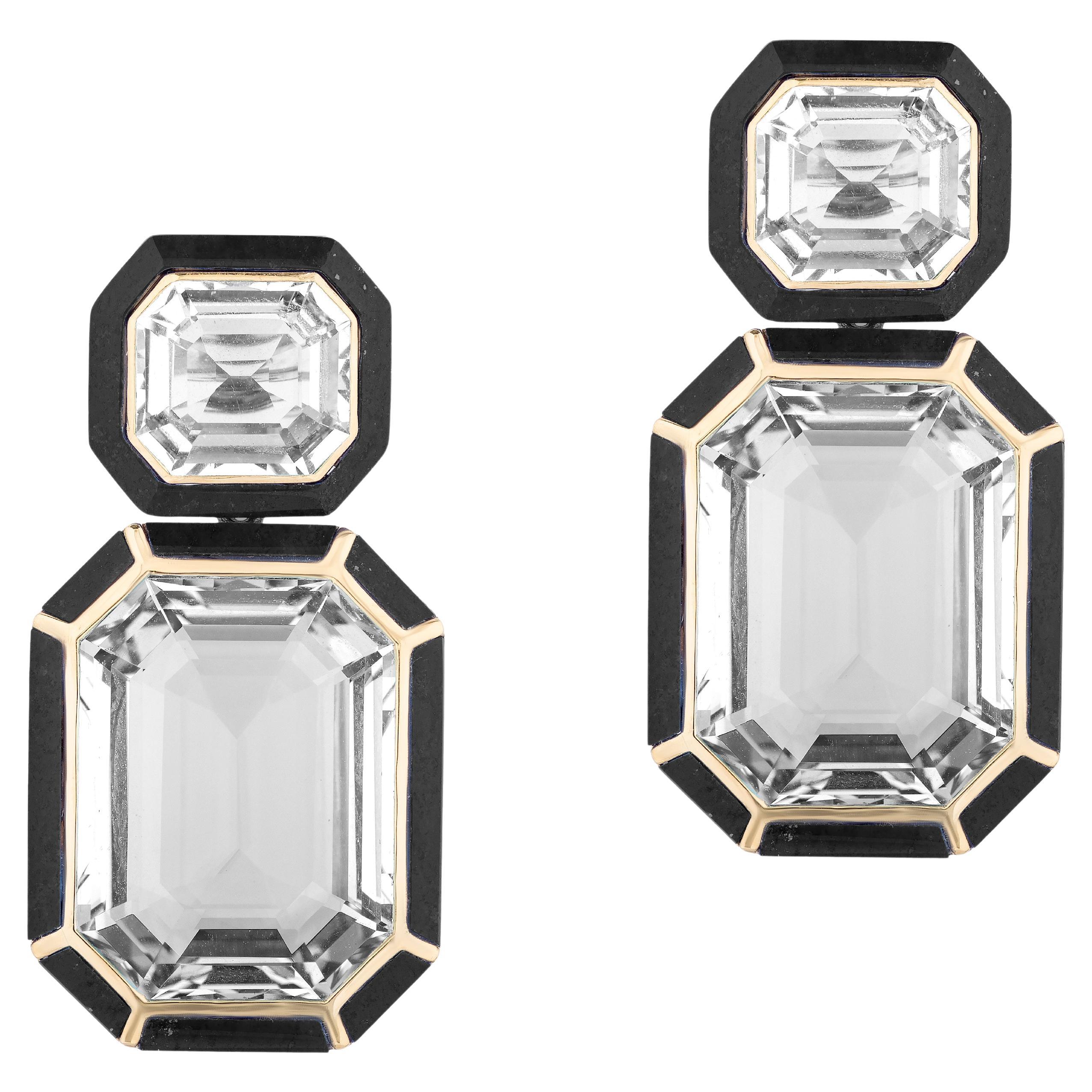 Goshwara Rock Crystal and Onyx Earrings  For Sale
