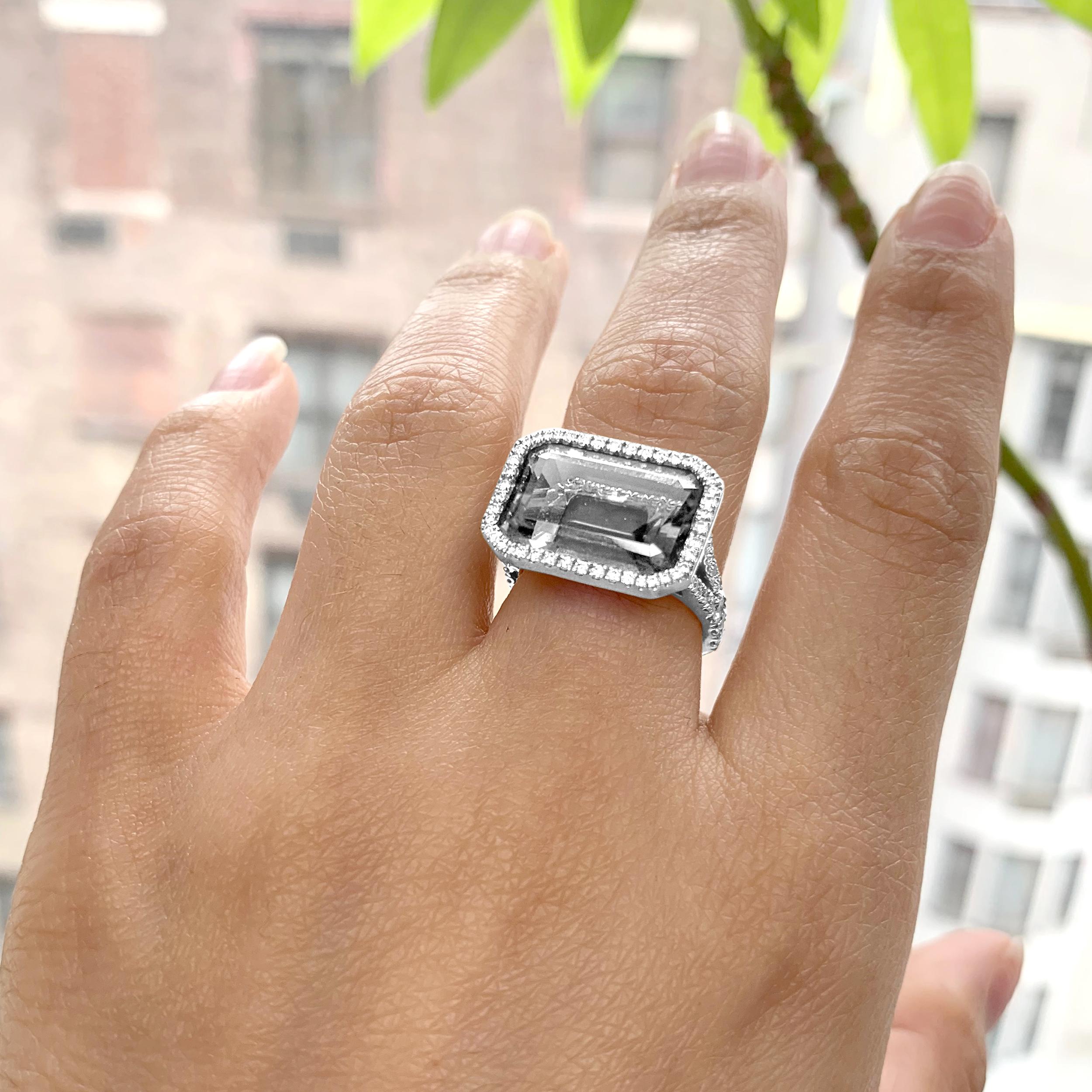 Rock Crystal Emerald Cut Ring with Diamonds in 18K White Gold, from 'Gossip' Collection. Like any good piece of gossip, this collection carries a hint of shock value. They will have everyone in suspense about what Goshwara will do next.

* Gemstone
