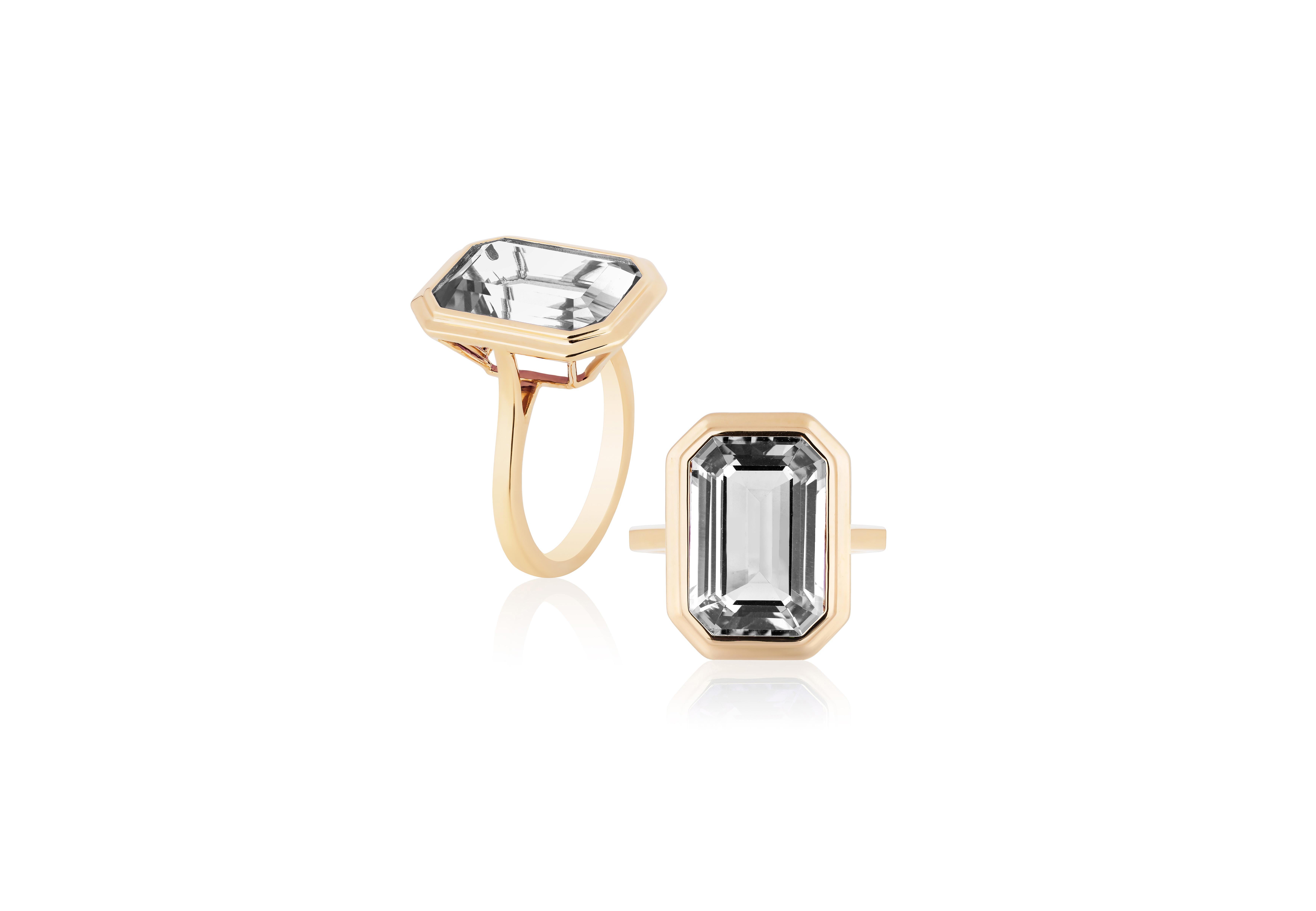 A classic yet an everyday bold statement piece, this amazing cocktail ring is part of our very new ‘Manhattan’ Collection. It has a 10 x 15 mm emerald cut Rock Crystal in a bezel setting in 18k gold   ​

Minimalist lines yet bold structures is what